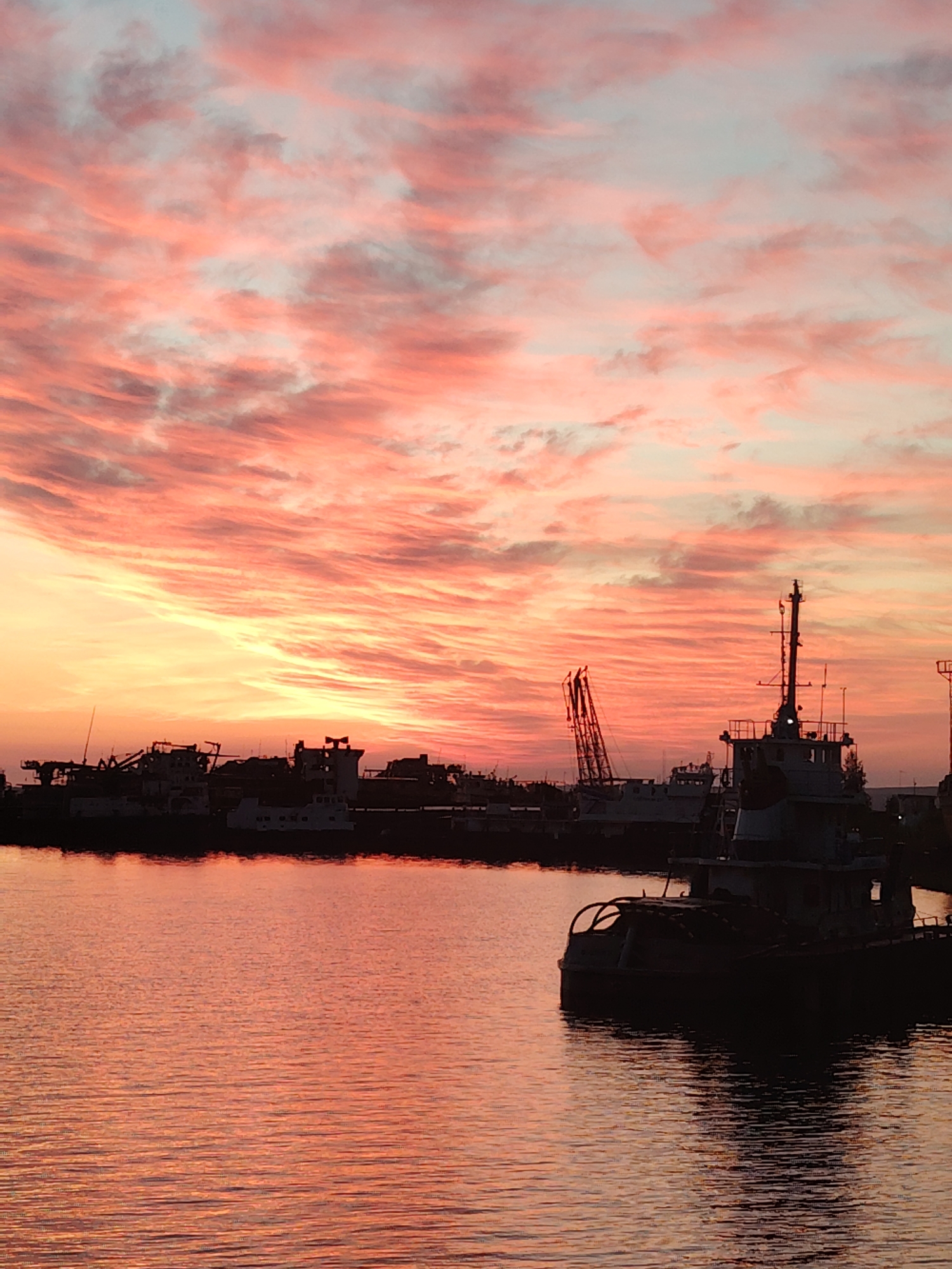 The image captures a vibrant sunset or sunrise over a port in Chaikovsky, Russia. The sky is dominated by dramatic, streaky clouds illuminated with brilliant hues of orange, pink, and red, transitioning to lighter blues and grays higher up. These colorful clouds are most intense near the horizon, suggesting the sun is low.
The lower half of the image features a calm body of water, likely a river or harbor, reflecting the intense colors of the sky. The water's surface is rippled, catching the light in shimmering patterns of reddish-orange and darker tones.
Along the horizon, a collection of boats and industrial structures are silhouetted against the bright sky. In the foreground on the right, a prominent dark silhouette of a boat, possibly a tugboat or work vessel, is visible with a distinct mast, antenna, and cabin structure. Its dark reflection stretches into the water. Further along the distant shoreline, other boats of various sizes are docked, presenting as dark, indistinct shapes with occasional cranes and superstructures rising above them. The overall scene suggests an industrial harbor setting.
No specific activity or event is taking place; the image depicts a serene moment of natural beauty contrasting with man-made structures. The low light and warm colors create a peaceful and visually striking atmosphere. There is no visible text in the image.