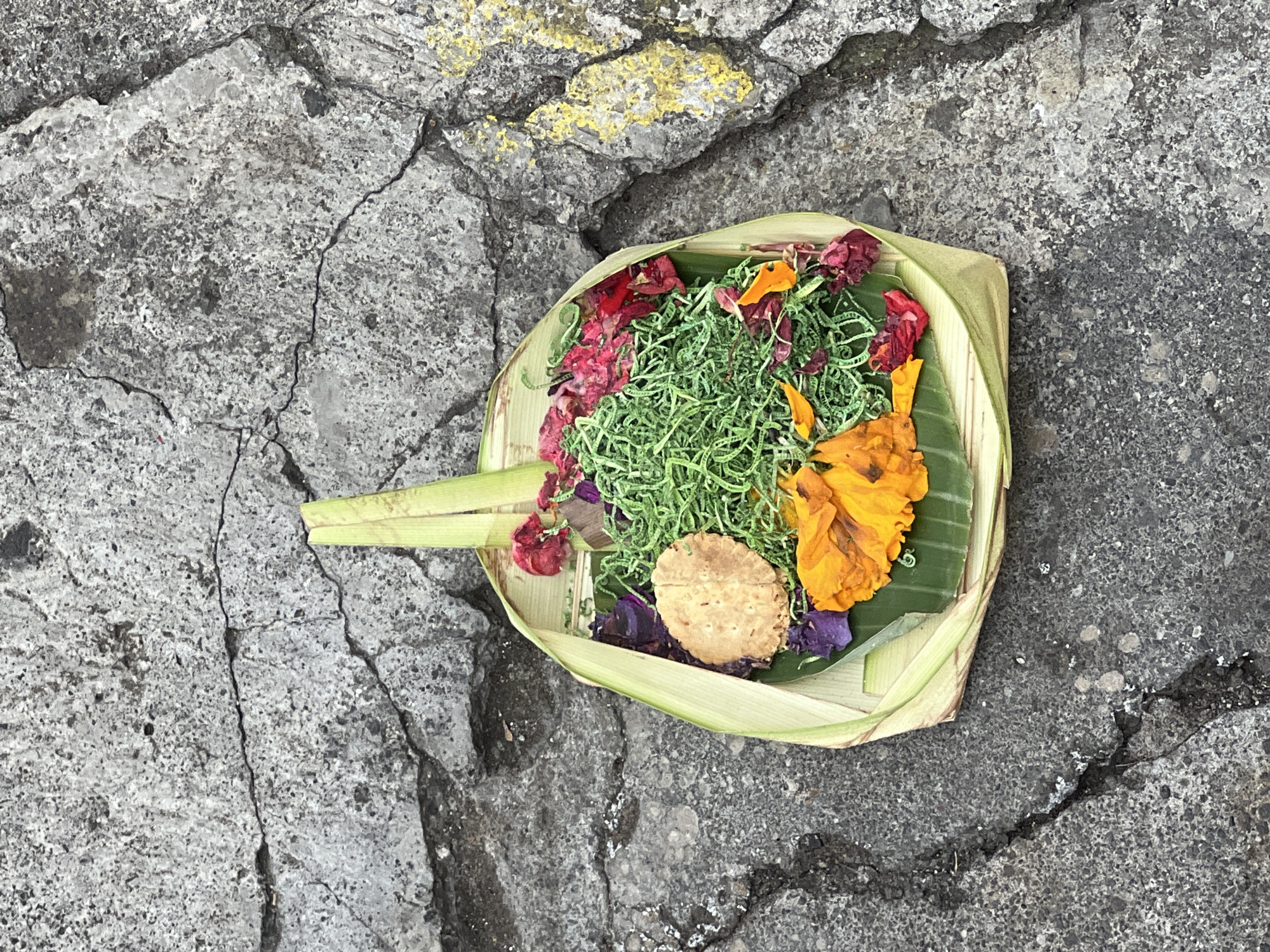 An offering sits on cracked grey concrete. The offering, made of woven palm leaves, contains green shredded plants, red and orange flowers, a round, flat cookie, and a small green banana leaf. Traces of yellow paint are visible on the concrete in the upper left. The offering is located in Kuta Selatan, Indonesia.