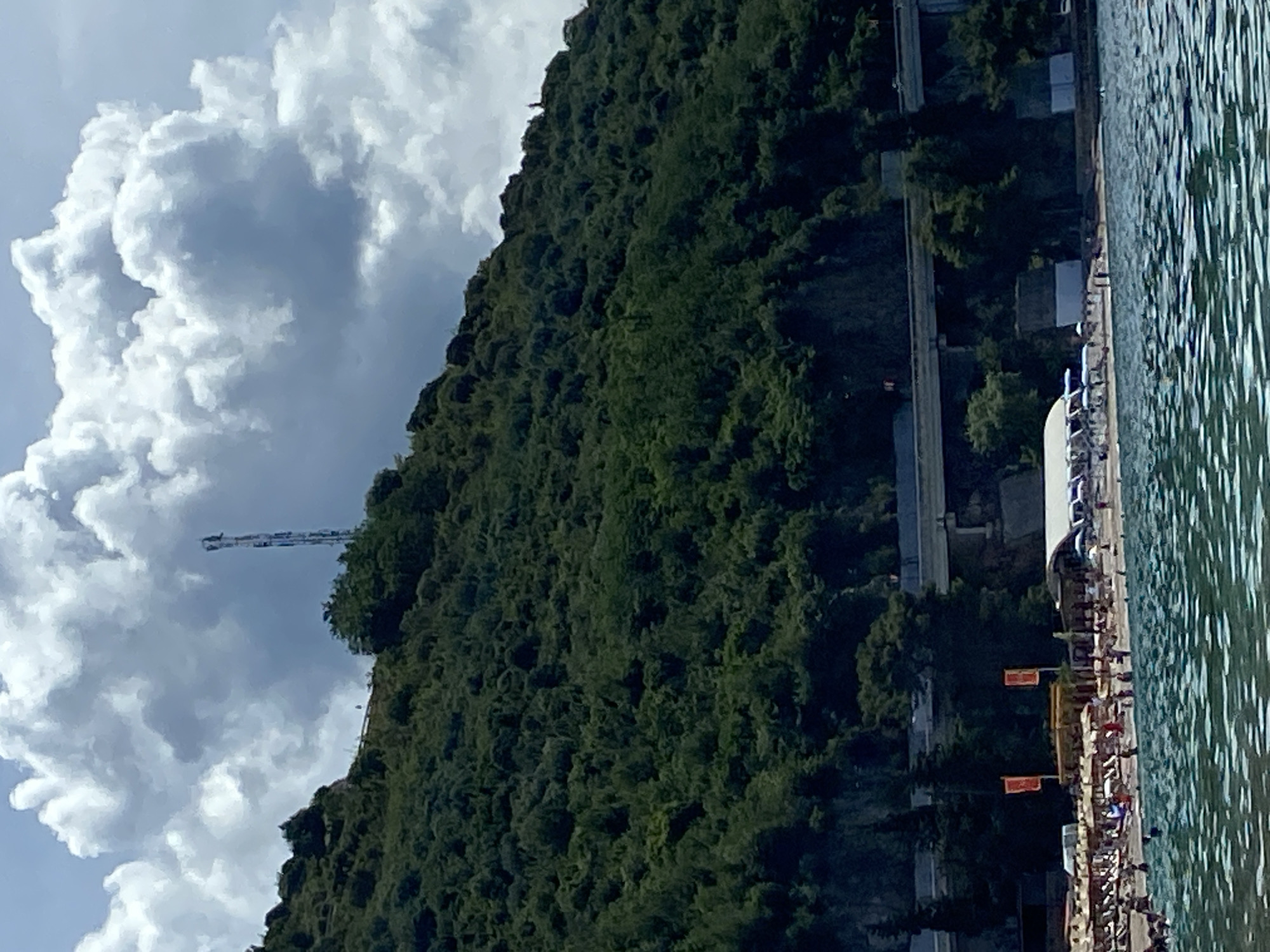 The image captures a scenic coastal landscape, likely in Budva, Montenegro, featuring a steep, densely forested hillside meeting a body of water. The left side of the frame is dominated by the hill, covered in a lush canopy of dark green trees and vegetation. A tall, slender tower, possibly a communications antenna, stands prominently on the upper part of the hillside, silhouetted against a bright, cloudy sky.
The sky is filled with large, fluffy cumulus clouds, varying in shades of white and light grey, suggesting fair weather conditions during the day. On the right, a calm body of water, likely the Adriatic Sea, stretches across the frame, its surface reflecting light with a pattern of ripples.
Along the immediate shoreline, a bustling promenade or beach area is visible. Numerous small figures, indicative of people, are scattered across this strip, some seemingly sitting, others standing. Man-made structures such as low-rise buildings, white tent-like structures or boats, and bright red and orange flags are also present along the water's edge. These elements suggest an active recreational area or resort. The overall scene conveys a lively, picturesque coastal setting under natural daylight. No visible text is present in the image.