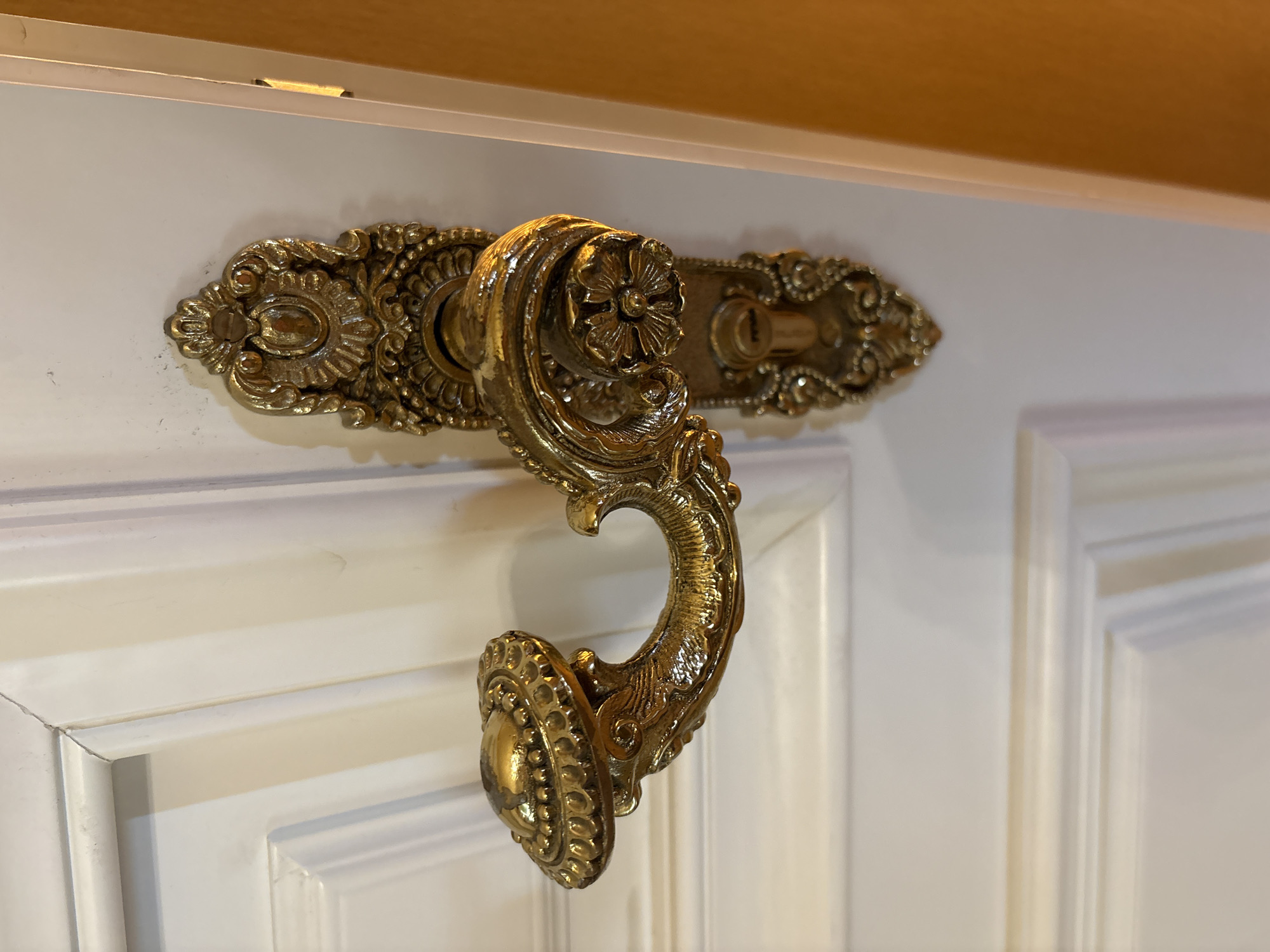 The image shows a close-up of an ornate, antique brass door handle and lock mechanism on a white paneled door. The door handle is elaborately decorated with scrollwork and floral motifs, featuring a rounded end piece. The lock plate is also highly embellished with similar decorative elements. The door itself appears to be made of wood and is painted white, with visible paneling and trim. The lighting suggests an indoor setting, possibly a home or historical building. The image does not provide any specific visual cues to indicate its location within the city of Gatchina, Russia. There are no people, actions, or interactions depicted. The environment is solely the door and its hardware.