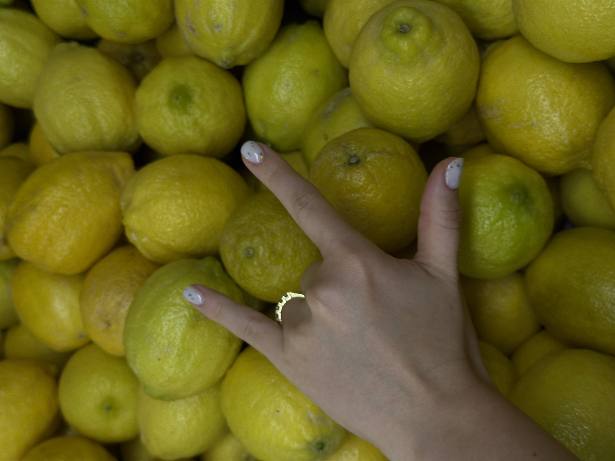 A close-up shot depicts a profusion of lemons, closely packed together. A woman's hand with painted nails and a gold ring with embedded stones intrudes upon the lemons, positioned near the center of the image. The fingers are spread in a "devil horns" gesture. This image was taken in Ramat Gan, Israel.