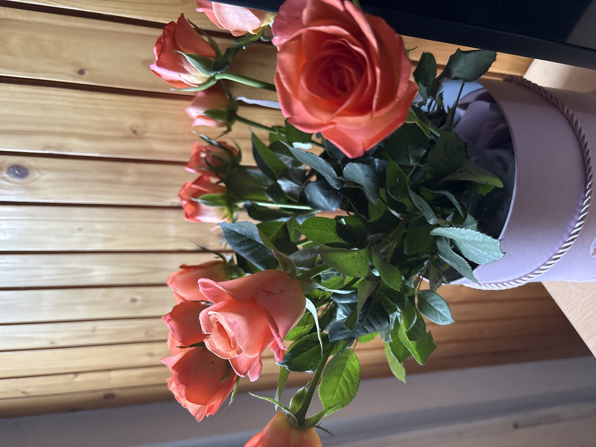 A bouquet of coral-colored roses is presented in a light pink, round hatbox with a decorative rope handle. The roses, varying in bloom, are nestled among lush green foliage. The hatbox sits on a wooden surface, likely a table, against a backdrop of vertical wooden panels. The lighting suggests an indoor setting, possibly a home in the city of Ćwiklice, Poland. There are no people or actions depicted in the image.