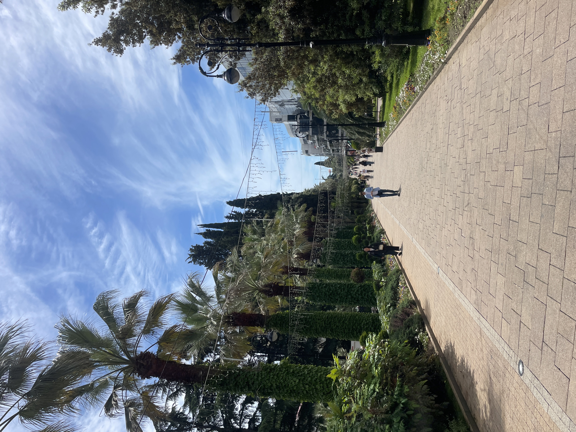 The image shows a pedestrian walkway in Sochi, Russia. The walkway is paved with rectangular stones and lined with palm trees, evergreen bushes, and streetlights. A blue sky with cirrus clouds is visible above. People are walking along the path. The lighting suggests it is daytime.