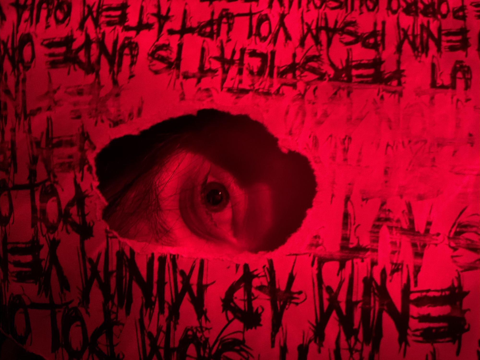 The image is a close-up, low-angle shot of a person's eye peering through a rough, irregular hole in what appears to be torn paper or fabric. The entire scene is bathed in a deep red light, creating a dramatic and somewhat unsettling atmosphere. The paper or fabric has dark, abstract markings or writing on it, which are heavily stylized and appear to be in a brushstroke or ink style. The markings are difficult to decipher due to the lighting and the nature of the design. The eye is the central focal point, with the iris and pupil clearly visible, and a strong shadow cast across the upper portion of the face, obscuring much of the features. The edges of the hole are jagged and appear to be torn rather than cut. There is no discernible urban environment or specific location within the city of Unknown, Unknown, as the focus is entirely on the obscured face and the textured, marked surface. The lighting suggests artificial illumination, possibly a red stage light or filter.