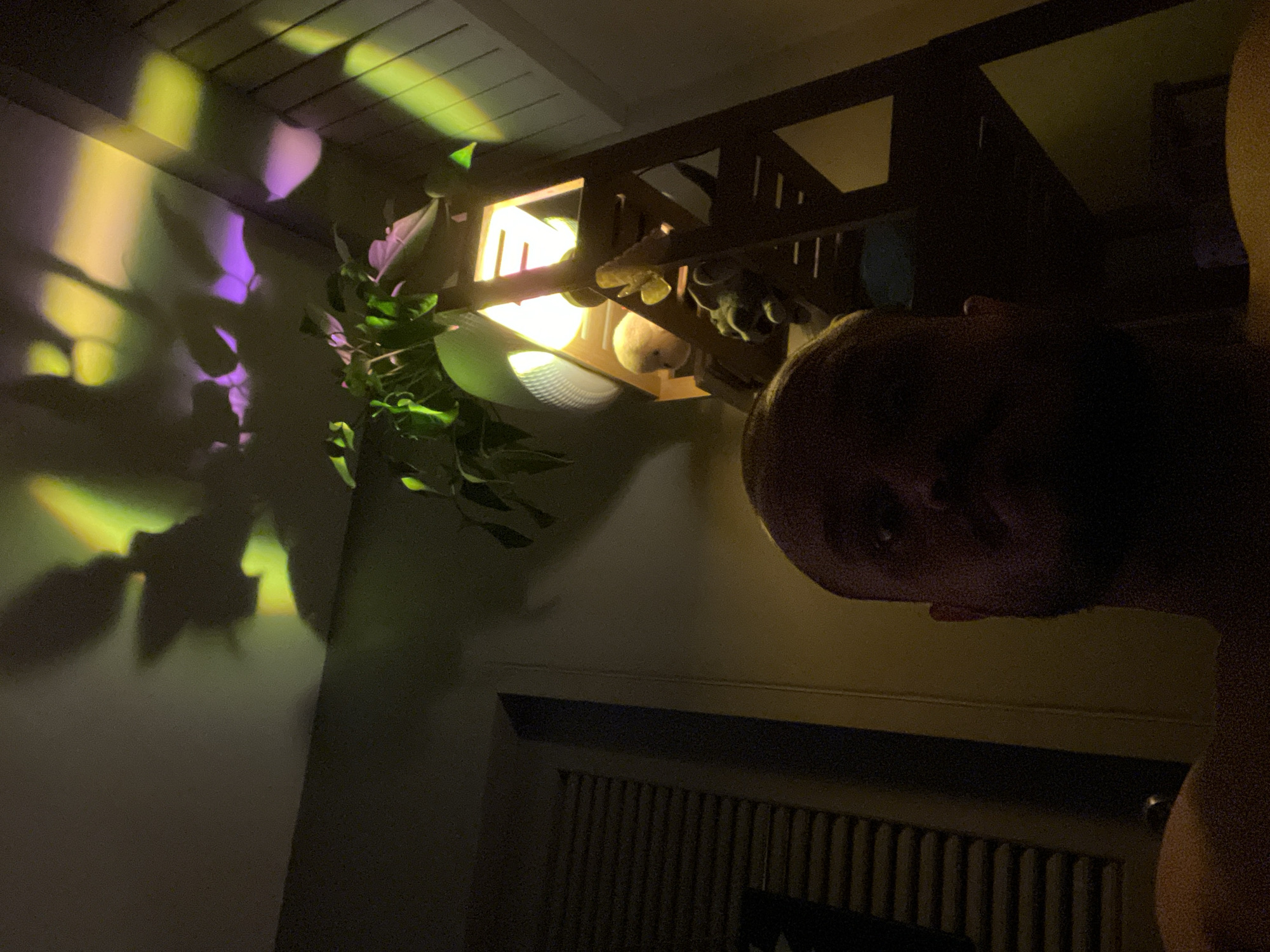 The image shows an indoor scene at night, illuminated by a light fixture. A person's head and shoulder are visible in the right side of the frame. The background includes a wall with colorful shadows from a plant and what appears to be a heating element. A wooden structure is partially visible above, potentially a shelf or headboard with several objects. The location is unknown.