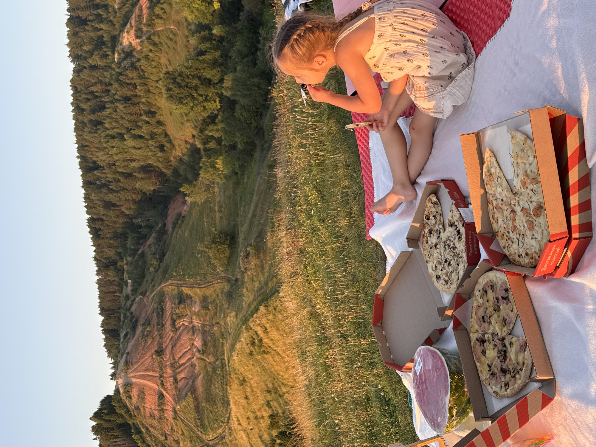 A young girl with braided blonde hair is seated on a white blanket spread on a grassy area, with a red blanket underneath. She is wearing a light-colored dress with a patterned print and is leaning forward, eating something from a small package. In front of her are several pizza boxes containing pizzas. One box is open, showing two slices of pizza. Another open box displays a whole pizza with a creamy topping. A third box also contains a pizza. Next to the pizza boxes, a round, pink item, possibly food wrapped in plastic, is visible.
The background shows a lush green hillside covered in trees, with a winding path visible on its slope. The landscape suggests a rural or natural setting, consistent with the location context of Olkhovka, Russia. The light in the image indicates it is either early morning or late afternoon, with the sun casting a warm glow on the scene. The atmosphere appears peaceful and relaxed, suggesting a picnic or outdoor meal. The visible text on the pizza boxes includes "Приятного аппетита!" (Enjoy your meal!) and "Доставляем счастье!" (Delivering happiness!).