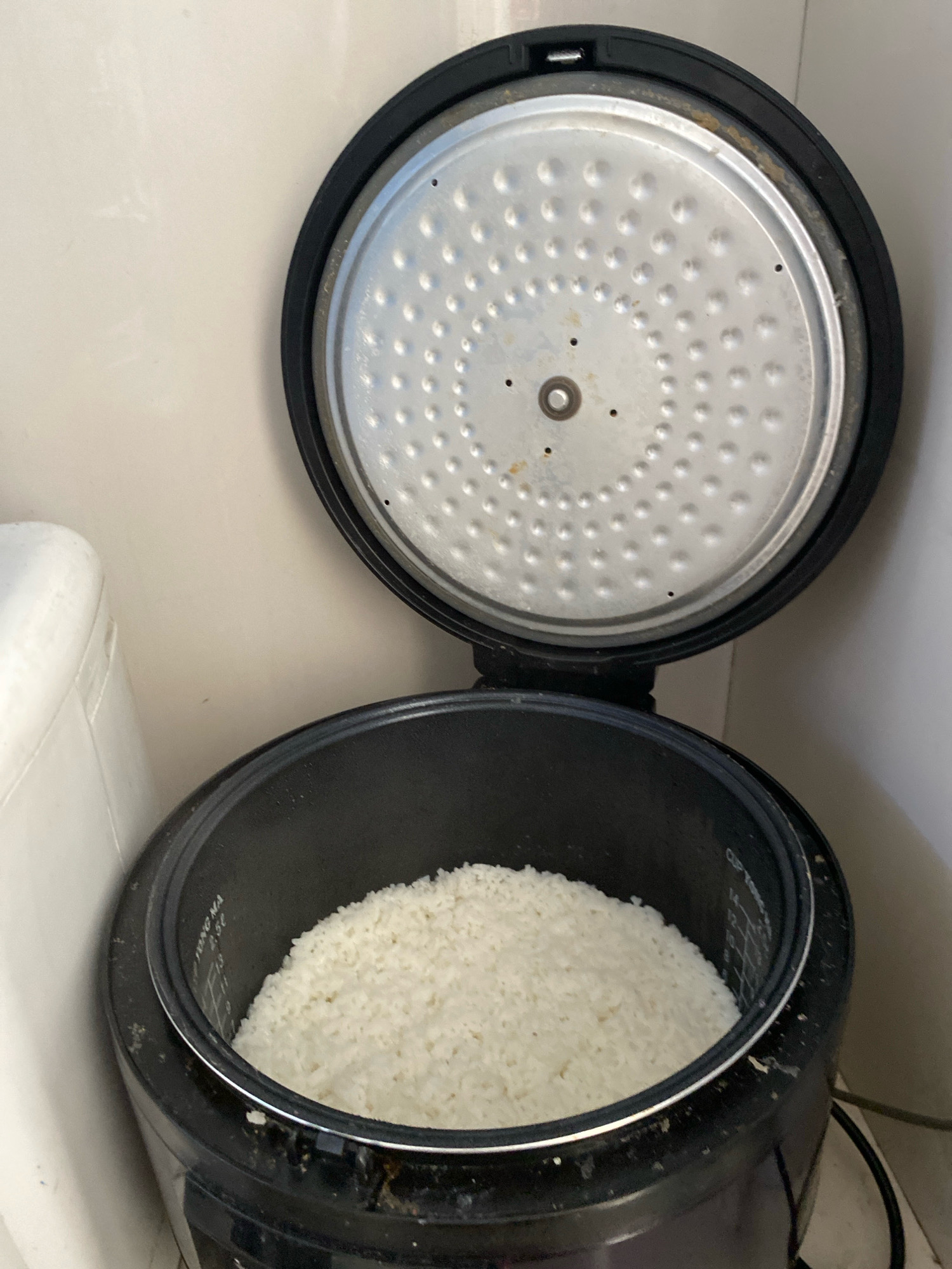 A rice cooker with an open lid sits on a counter next to a white appliance. The inner pot of the rice cooker is filled with cooked white rice. The lid of the rice cooker, made of aluminum with raised circular patterns, is also visible. The scene is indoors, with a light-colored wall in the background. This image does not depict the city of Gisik Cemandi, Indonesia.