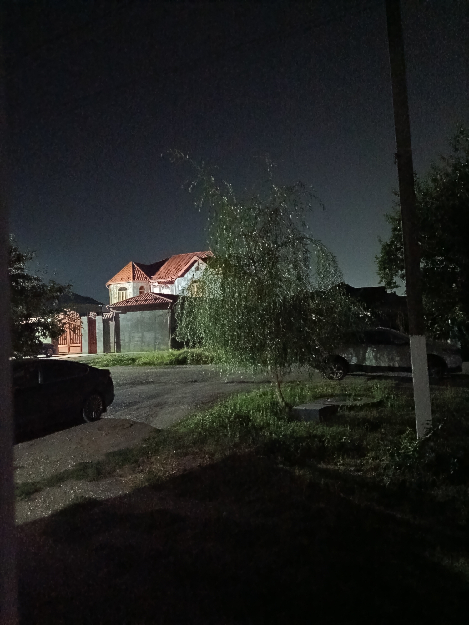A nighttime exterior shot shows a residential property in an urban setting. A large house with a red tiled roof is visible, partially obscured by a weeping willow tree in the foreground. A metal gate with ornate scrollwork guards the entrance to the property. Two cars are parked on the gravel driveway. A utility pole stands to the right of the frame. The scene is dimly lit by artificial light sources, casting long shadows across the grounds.