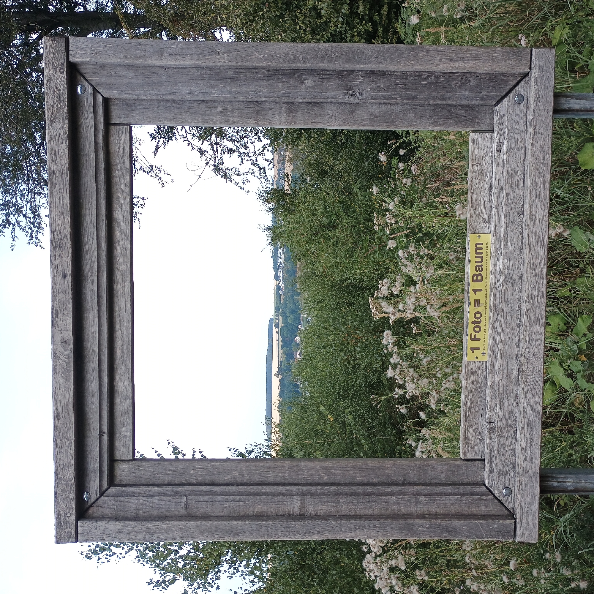 The image depicts a large, weathered wooden frame, seemingly a photo frame or art installation, set outdoors against a backdrop of foliage and a distant landscape. The frame is constructed from rough-hewn, grey wooden planks, with visible grain and signs of age. It is mounted on metal poles.
Within the frame, a view of a town or village is visible, nestled amongst green trees and rolling hills. The sky above is overcast and pale. In the foreground, in front of the frame, is an area of dense, wild vegetation, including tall grasses and flowering plants with fluffy white seed heads.
Attached to the bottom horizontal plank of the wooden frame is a yellow sign with black text. The sign reads "1 Foto = 1 Baum", which translates to "1 Photo = 1 Tree". Below this, in smaller text, it says "Mach ein Foto und teile es auf Instagram @waldlokal. Dafür pflanzen wir einen neuen Baum.", which translates to "Take a photo and share it on Instagram @waldlokal. For this, we will plant a new tree."
The scene appears to be a natural setting, possibly a viewpoint or a park, located in the vicinity of Möhnesee, Germany, as suggested by the sign's reference to planting trees. There are no people visible in the image.