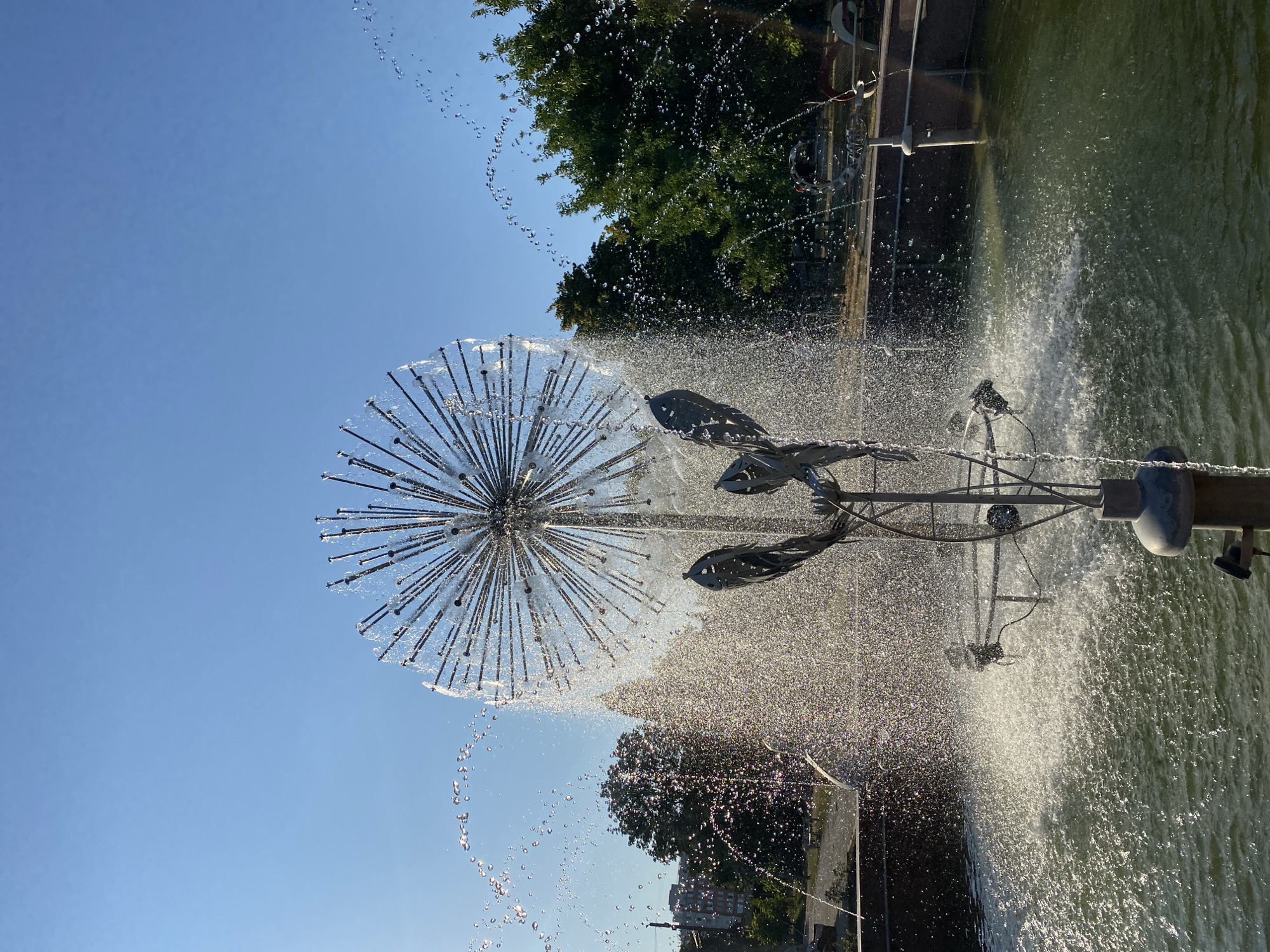 The image shows a dandelion-shaped fountain with water spraying from its spherical structure. The fountain is located in Chișinău, Moldova. The fountain's metallic structure is visible, with water droplets catching the sunlight. In the background, lush green trees and some buildings can be seen under a clear blue sky. The fountain is in a pool of water, and the surrounding area appears to be a park or public space. The lighting suggests it is daytime.