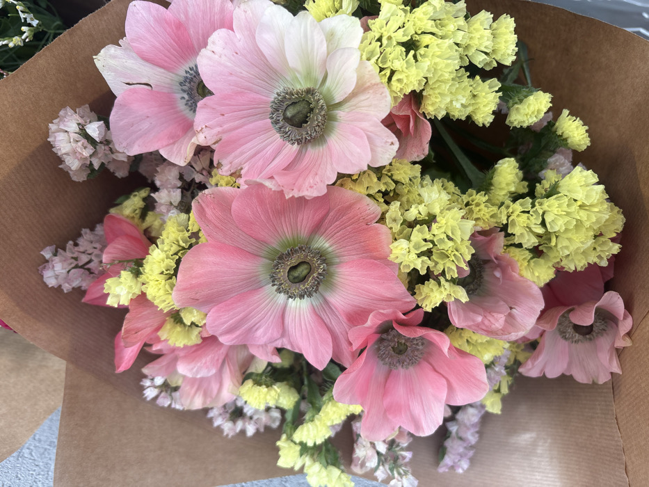 A close-up, top-down view depicts a vibrant floral bouquet primarily composed of multiple large-headed flowers resembling anemones, featuring petals that range from saturated pink to a lighter pink, often fading to white at their edges. Each of these prominent flowers exhibits a distinct dark greenish-grey center encircled by a lighter green ring. Interspersed throughout the bouquet are clusters of small, crinkled, bright chartreuse yellow flowers, consistent with the appearance of statice or limonium, adding significant textual and color contrast. Additionally, smaller clusters of delicate, light pink to lavender-pink dried-looking flowers, also resembling statice, are visible. The entire floral arrangement is contained within a wrapping of plain brown kraft paper, which frames the bouquet and is visible beneath some of the flowers. There are no people, actions, or identifiable environmental cues present in the image to determine the specific location within the city of Tel-Aviv, Israel.