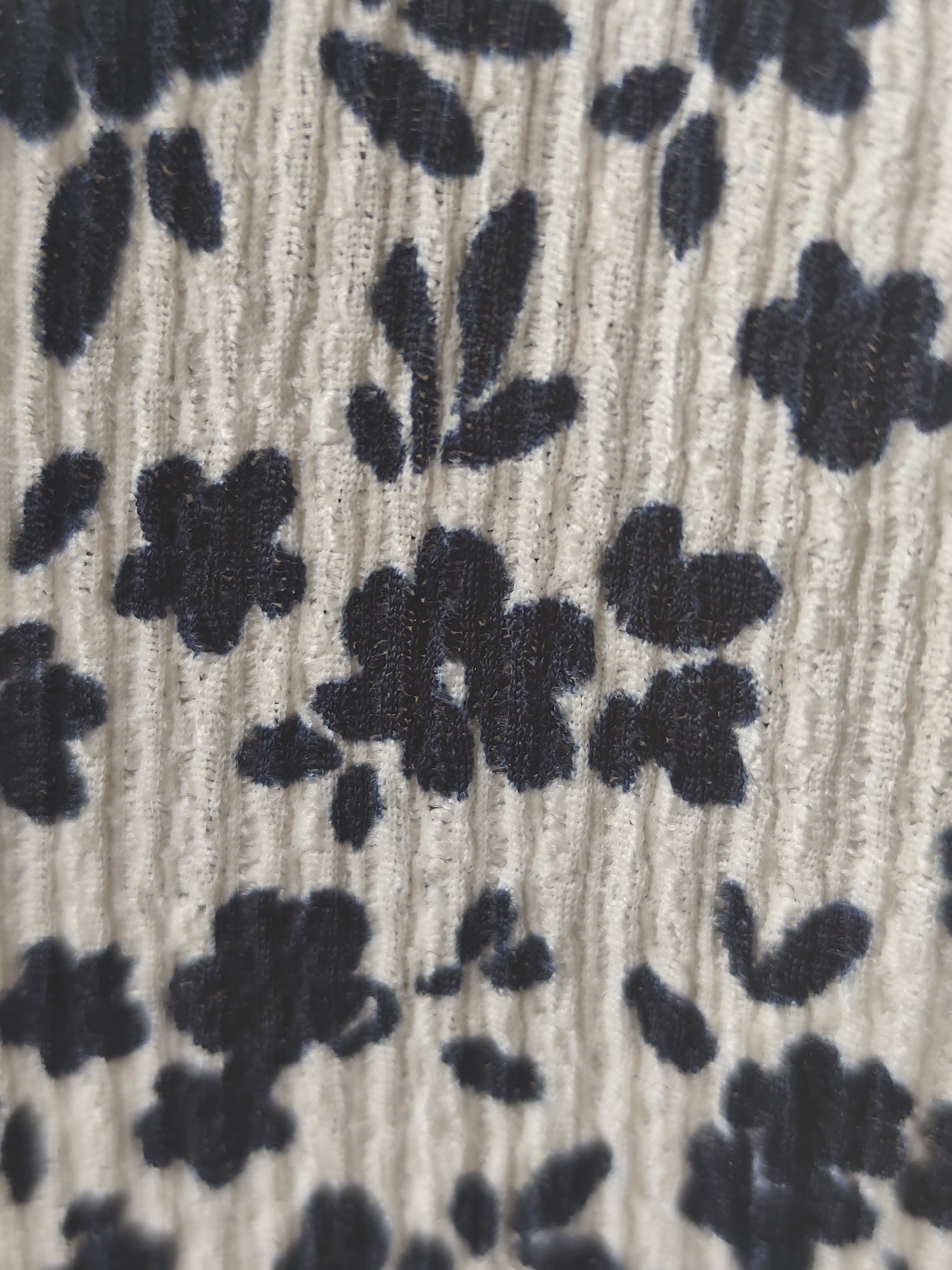 The image is a close-up, macro shot of a textured fabric with a pattern of dark blue floral motifs. The fabric itself appears to be white or off-white and has a ribbed or crinkled texture, with visible vertical lines running through it. The floral shapes are abstract and somewhat blurred, suggesting they might be printed or embroidered. They vary in size and orientation, with some resembling five-petal flowers and others more like clusters of leaves. The lighting is even, highlighting the texture of the fabric and the depth of the pattern. The image does not provide any information about its location in Kyiv, Ukraine, or any contextual details beyond the fabric itself.