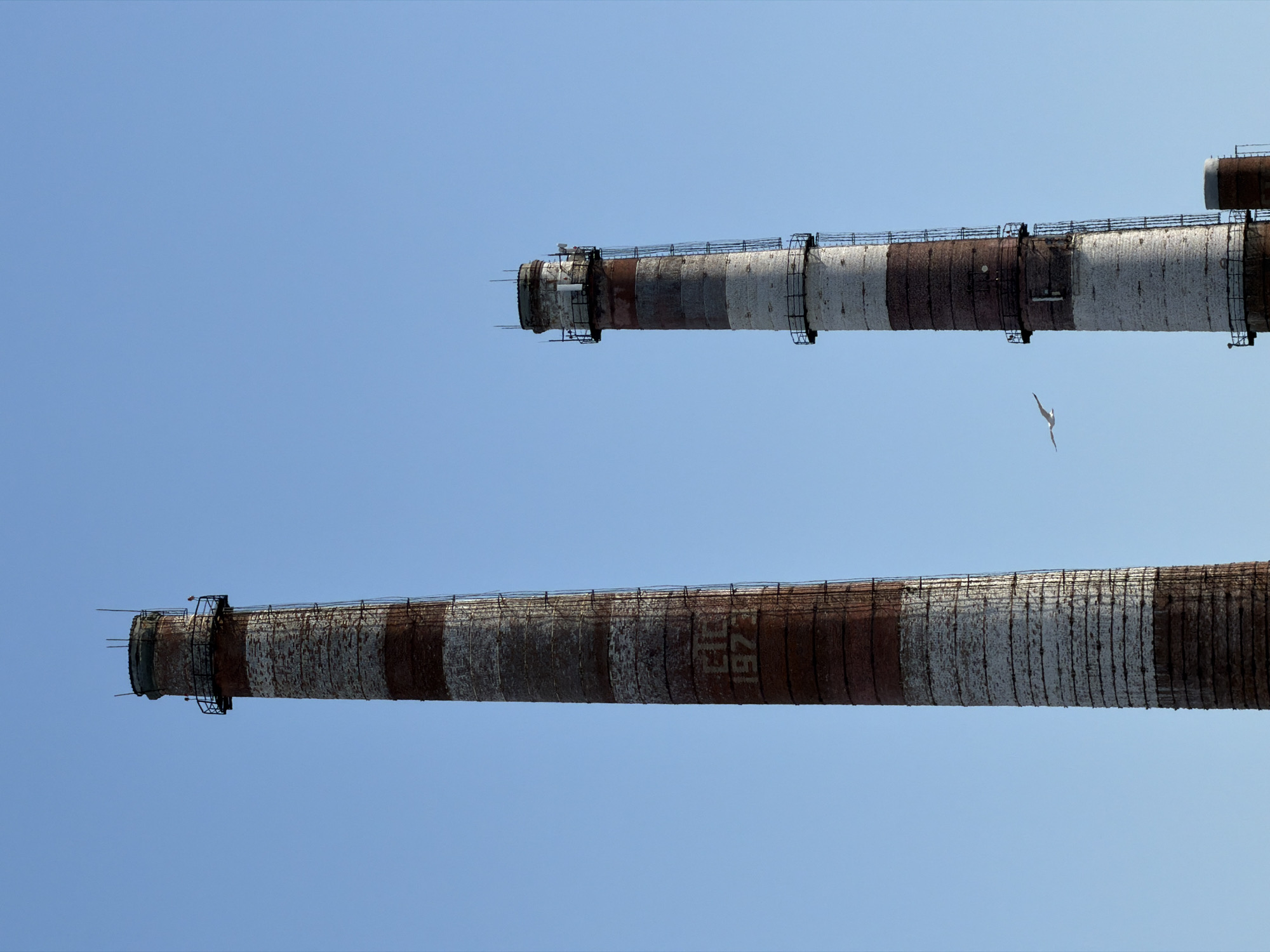 The image shows two industrial chimneys against a clear blue sky. The chimneys are cylindrical with alternating brown and white horizontal stripes, exhibiting signs of wear and aging. One chimney is slightly higher than the other, with a small structure visible at its top-right edge. A bird flies between the chimneys. The chimneys are located in the city of Chaikovsky, Russia.