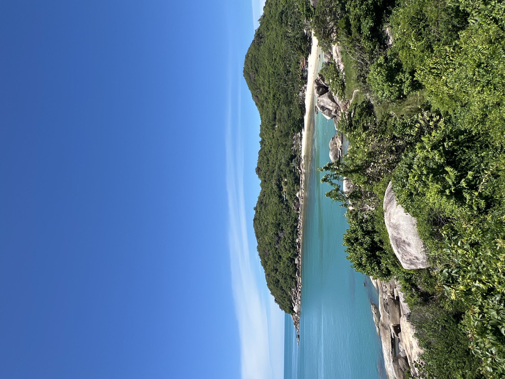 The media file captures a scenic view of a tropical coastline under a clear blue sky. The image is oriented vertically. In the foreground and right side, lush green foliage and large, weathered grey rocks dominate the landscape, suggesting a rugged, natural setting. The vegetation is dense and appears vibrant, indicative of a warm, humid climate.
Beyond the vegetation and rocks, a tranquil, turquoise body of water stretches out, meeting a sandy beach. The water is calm, with gentle ripples suggesting a peaceful environment. Small structures, possibly huts or bungalows, are visible nestled along the edge of the beach, hinting at a residential or resort area. In the background, a verdant, tree-covered hill rises steeply, forming a dramatic backdrop to the scene. The hill's slopes are thickly forested, with its peak reaching towards the sky.
The sky is a deep, clear blue with a few faint, wispy clouds elongated horizontally, suggesting a sunny day. The lighting indicates it is likely daytime, possibly mid-morning or early afternoon, given the bright sunlight casting minimal shadows and illuminating the scene vividly.
The overall impression is one of serene natural beauty and tropical paradise. The location cues, such as the dense jungle, clear turquoise waters, and rocky coastline, align with a tropical island setting. The absence of people suggests a moment of quietude. No text is visible in the media file.
