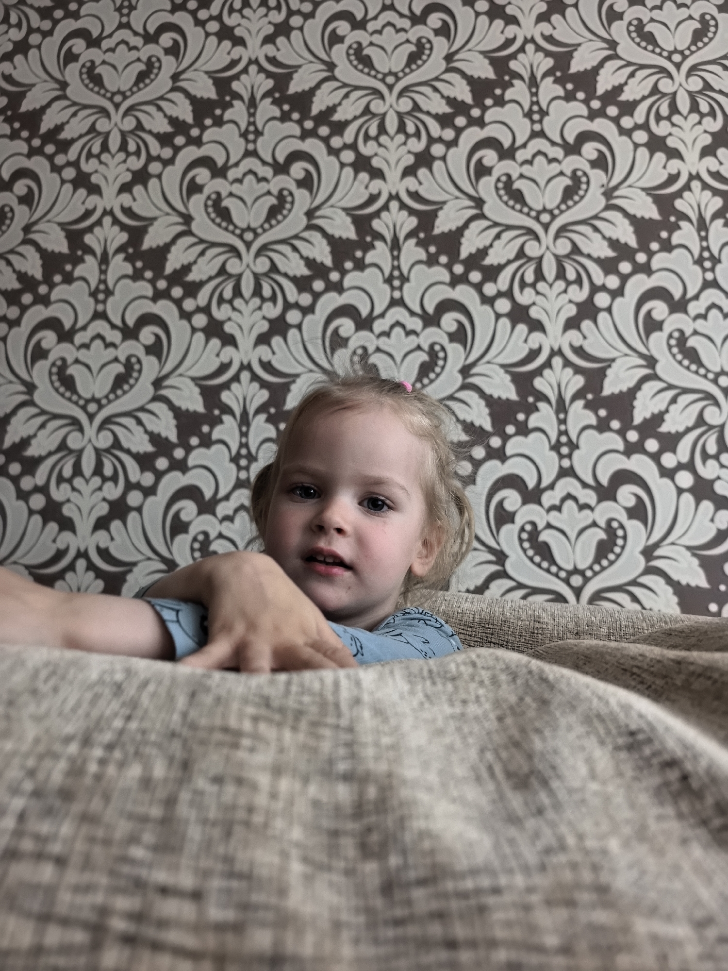 A young child, a girl with blonde pigtails and a pink bow, peers over a textured, neutral-colored blanket in the foreground. The child's face is directed towards the camera, with eyes open and mouth slightly ajar, revealing a pink tongue. The child is wearing a blue shirt with a subtle patterned print. A hand is visible on the blanket to the child's left, partially obscuring their body. Behind the child is a wall with a dark brown damask wallpaper featuring a repeating white floral pattern. The lighting appears to be natural, casting soft shadows.