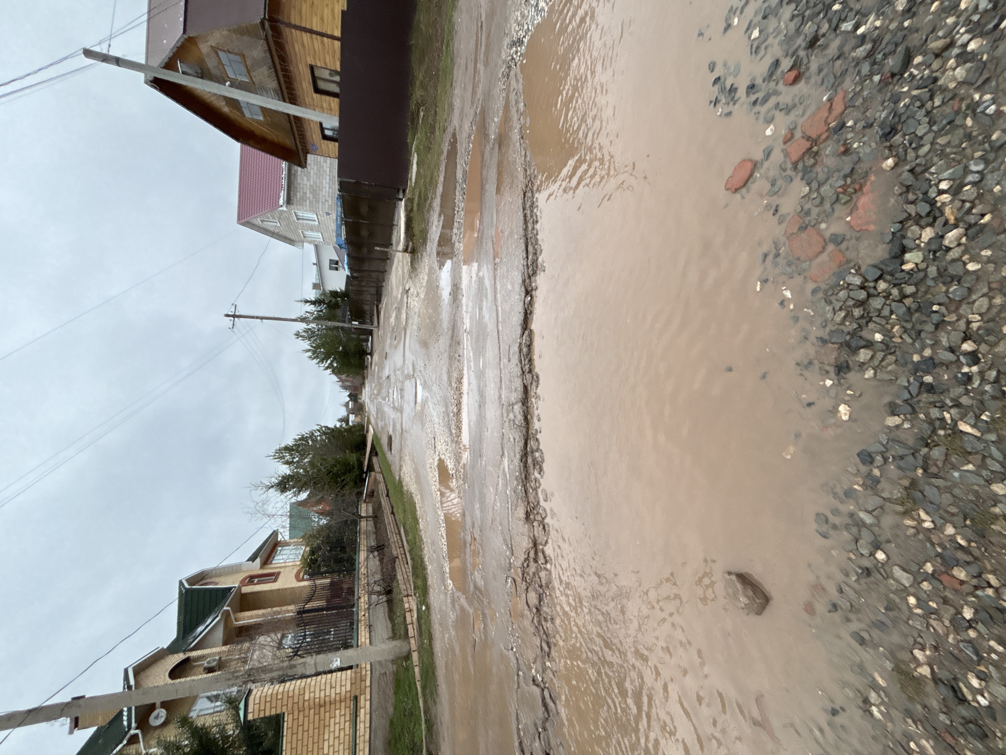 This media file captures an unpaved, muddy street in what appears to be a rural or semi-rural settlement, consistent with the provided location context of Ferma, Russia. The street is heavily affected by water, forming large, brown, muddy puddles that stretch across much of its width, indicating recent heavy rainfall or poor drainage. Visible ruts and depressions in the road are filled with water, reflecting the grey, overcast sky. Scattered gravel and rocks are present along the sides of the street and within the shallower parts of the water.
On both sides of the street, various residential houses are visible, set back behind fences and some sparse vegetation, including trees. The houses feature diverse architectural styles, with some having wooden exteriors, others brick facades, and roofs in shades of brown, red, and dark green. Utility poles with overhead wires run along the street. The sky is uniformly grey and overcast, suggesting daytime under gloomy weather conditions. No individuals or vehicles are present, and no specific activities are taking place. There is no visible text in the image.