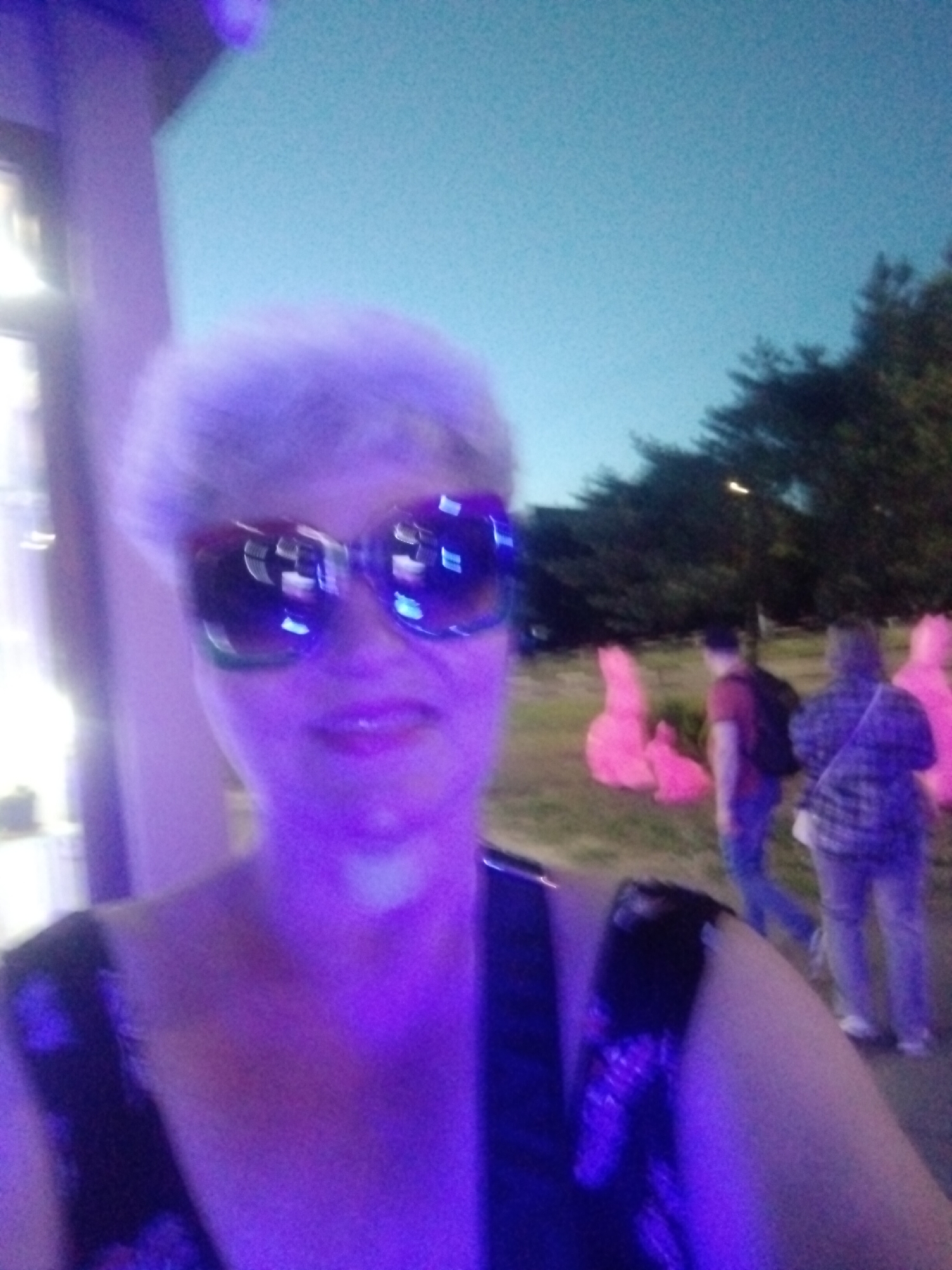 The image shows a selfie of a person wearing large, reflective sunglasses. The person's face is illuminated by purple light, making their features appear somewhat distorted and blurry. In the background, there are several pink, abstract sculptures that resemble rabbits, situated on a grassy area. Behind the sculptures, two people are visible. One person is wearing a red shirt and a backpack, while the other is wearing a plaid shirt and jeans. Trees and a pale blue sky are also visible in the background. The overall lighting suggests it is dusk or nighttime, with artificial lighting contributing to the purple hue. The location of Horishni Plavni, Ukraine, is not discernable from the image itself.