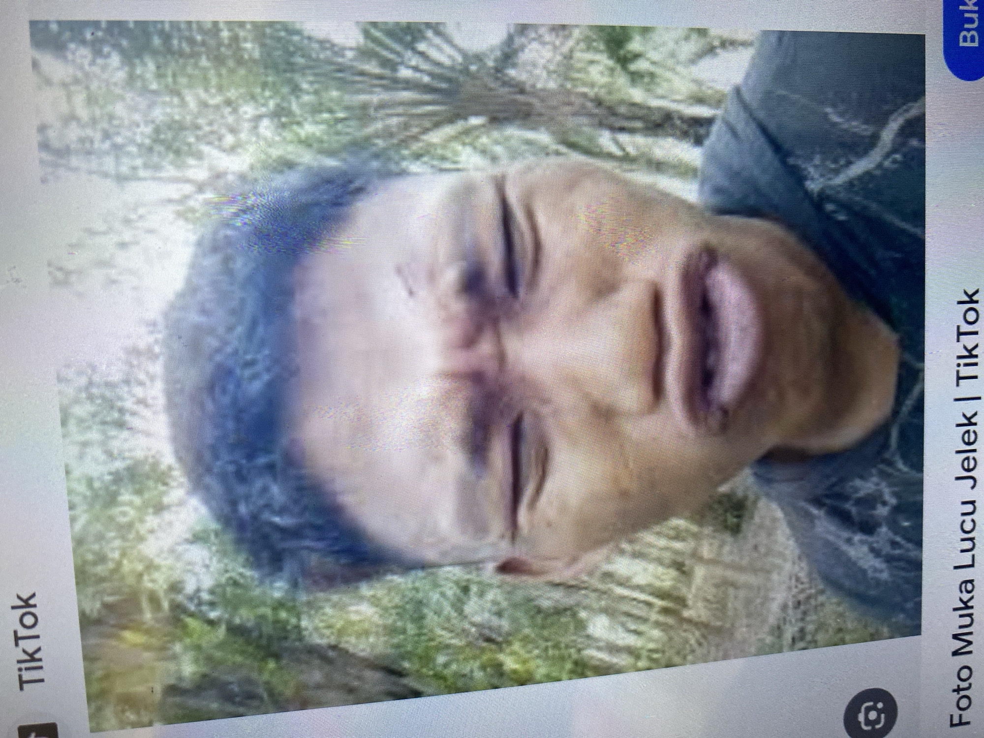 The image shows a screenshot of a TikTok video. The video features a close-up of a person's face, distorted into an exaggerated expression. The person has dark hair and appears to be wearing a dark hoodie. The background is blurred and consists of green foliage, suggesting an outdoor setting. The text "TikTok" is visible at the top of the screenshot, and below the image, the text "Foto Muka Lucu Jelek | TikTok" is displayed, which translates to "Funny Ugly Face Photo | TikTok". The specific location in Ta', Indonesia is not discernible from the provided image.