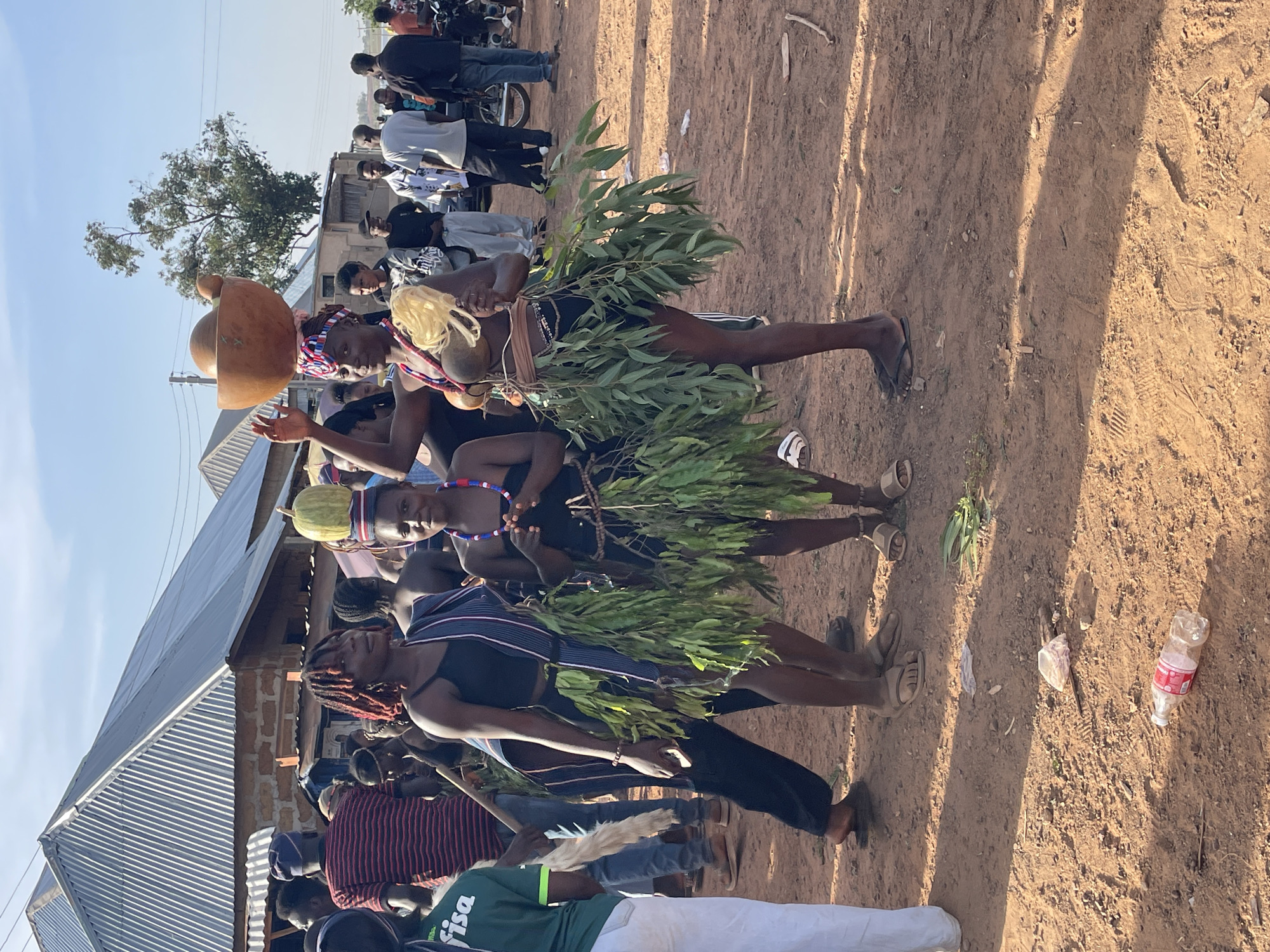 This image captures an outdoor cultural event in Durimi, Nigeria, under bright daylight. In the foreground, three individuals, likely performers, are dressed in traditional or ceremonial attire. They wear skirts fashioned from green leafy branches, possibly eucalyptus, along with beaded necklaces and headbands. One person balances a large, light-colored gourd or calabash on their head, while another has distinctive blonde, possibly braided, hair. A third performer has red braided hair.
The setting is an unpaved, sandy area, likely a village street or open ground, with visible footprints and some scattered debris, including a plastic bottle. In the background, a crowd of people, dressed in everyday casual clothing, observe the event. Simple, low-rise buildings with corrugated metal roofs are visible behind the crowd, and a sparse tree stands against a clear, bright sky.
The bright sunlight casts distinct shadows, indicating either mid-morning or afternoon. The atmosphere suggests a community gathering or celebration. A person in the lower foreground wears a green t-shirt with the word "Fisa" printed on it.