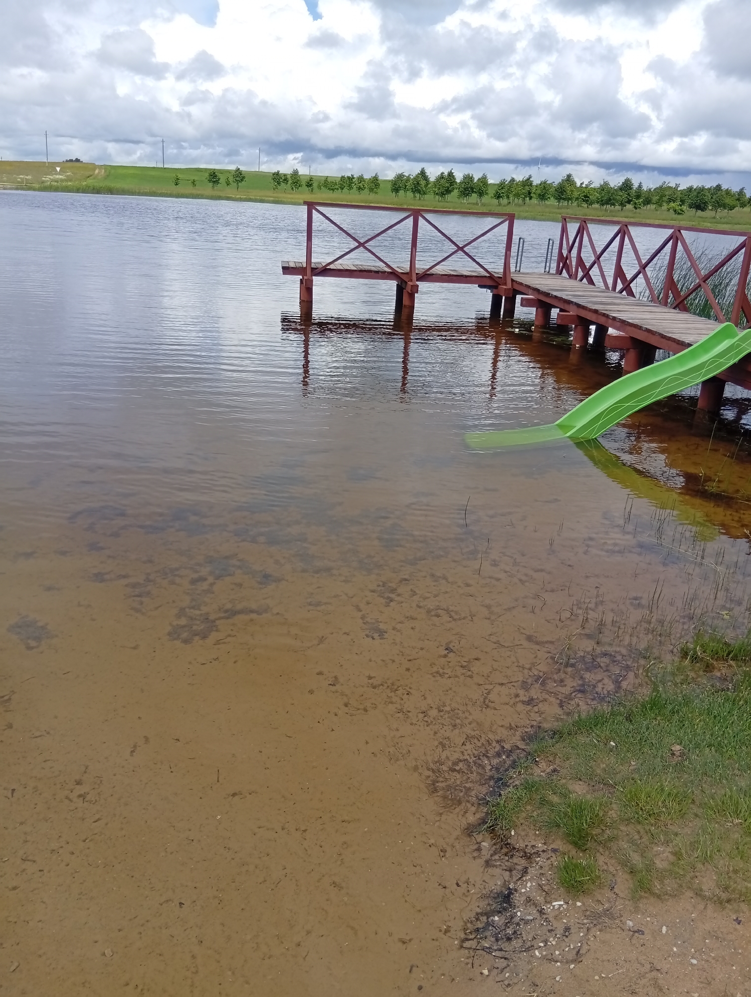 The image shows a body of water with a wooden pier extending into it. A green slide is partially submerged in the water, extending from the pier. The water is shallow near the shore, revealing a sandy bottom with some debris. The shoreline is covered in grass. In the background, there is a line of trees and a cloudy sky. The scene is located at the Šaukėnai pond in Šaukėnai, Lithuania. There are no people visible in the image.