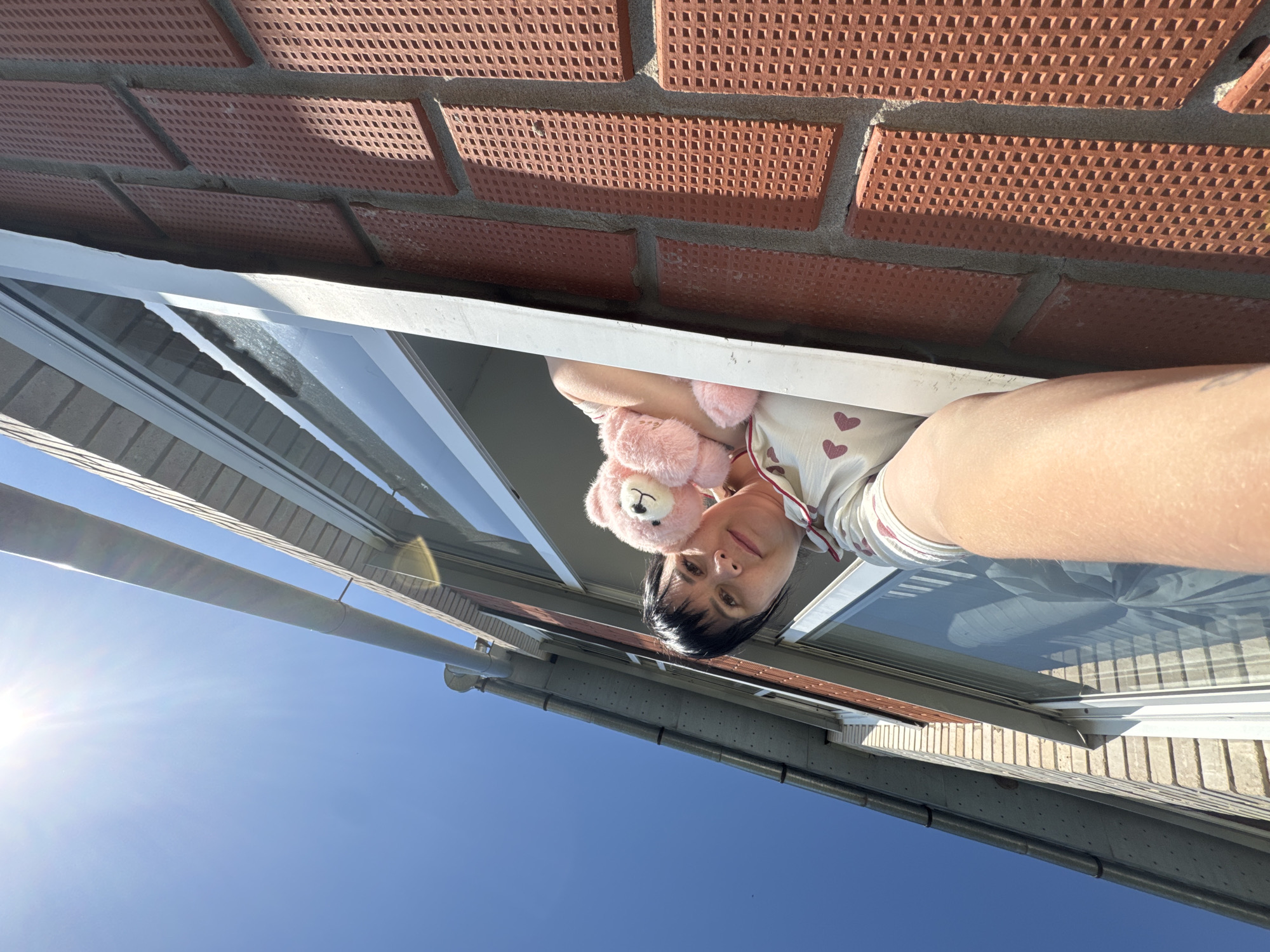 A woman is holding a pink teddy bear and looking out of a window, possibly from a building in Zav'yalovo, Russia. The photo appears to be taken from a low angle, pointing upwards towards the window. Red brickwork is visible above the window frame. The sky is blue and sunny. Gutters and the edge of a building are also visible.