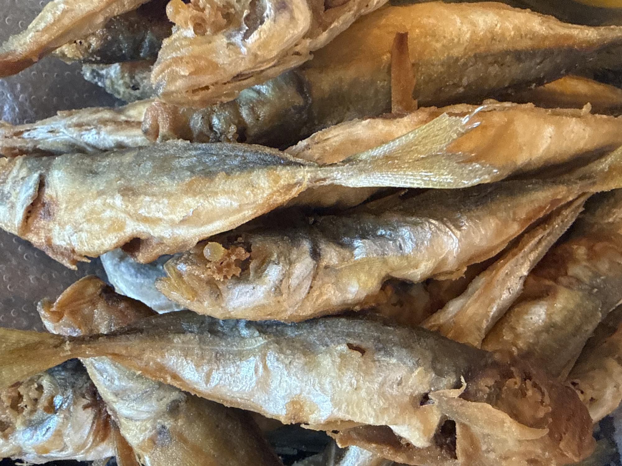 A close-up, overhead shot displays a pile of small, fried fish. The fish are golden brown and appear to be whole, with heads and tails intact. They are arranged in a chaotic, overlapping manner, filling the frame. The texture of the fish is rough and crispy, suggesting they have been deep-fried. The lighting is somewhat harsh, creating highlights and shadows that accentuate the texture of the fish. The background is dark and indistinct, with hints of gray and brown. The scene is likely a close-up of food being prepared or served. This photograph was taken in Sozopol, Bulgaria.