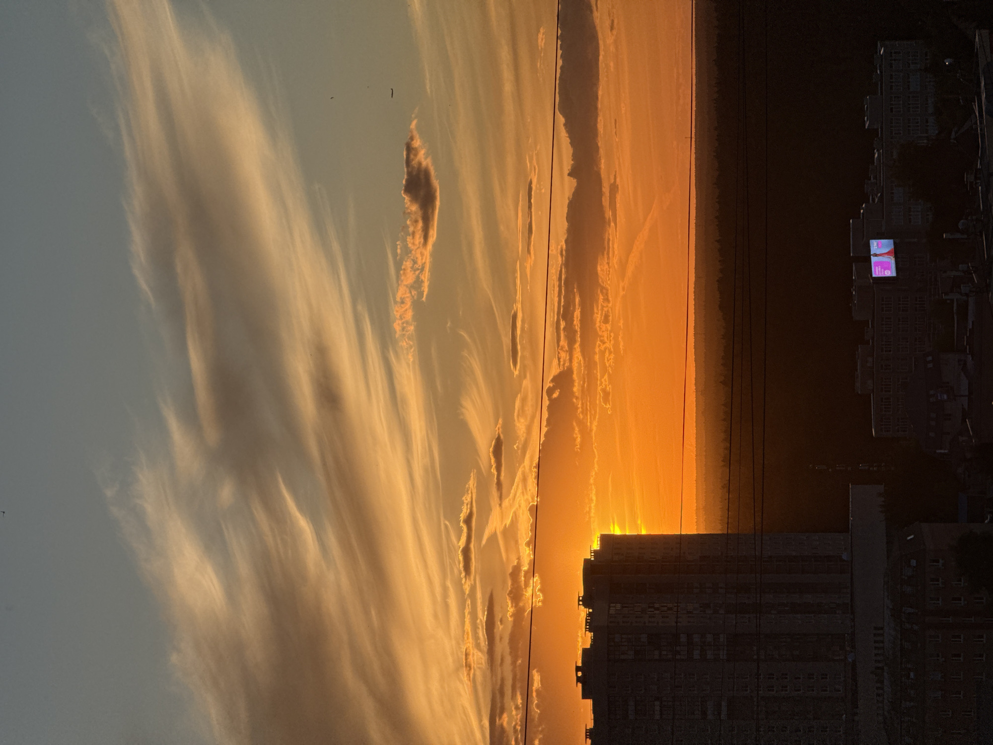 A tall residential building stands in silhouette against a vibrant orange sunset. Wispy clouds stretch across the sky, catching the warm light. Below the sunset, a dark band of trees stretches horizontally, forming a tree line. In the foreground, the tops of other, lower buildings are visible, some with faint lights. A digital billboard displays an advertisement on one of these buildings. Overhead, thin power lines bisect the sky. The scene appears to be a city skyline at dusk, with the specific location being Khimki, Russia.