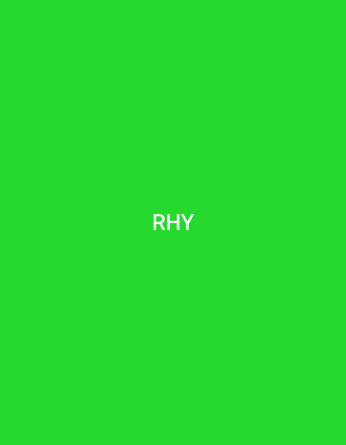 The image displays a solid, vibrant green background. Centered horizontally and slightly below the vertical midpoint, the uppercase sans-serif letters "RHY" are rendered in pure white. There are no other visible subjects, objects, people, or discernible actions. The scene presents an abstract digital graphic without any environmental context or geographical markers that would place it in any specific location, including the city of Casablanca, Morocco.