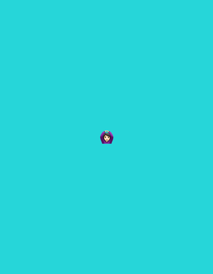 The image displays a plain, uniform turquoise background. Centrally positioned, a small, stylized graphic depicting a human head is present. The head features a light skin tone, dark hair, and is enveloped by a purple hood or head covering. Two hands, matching the skin tone, are visible at the sides of the head, appearing to frame the face or adjust the hood. The facial features are minimal, with small dark eyes and a faint mouth. There are no other discernible subjects, objects, actions, interactions, or environmental elements present. The image contains no visual information or contextual cues regarding a specific geographical location, including the city of Santa Ana, Venezuela.