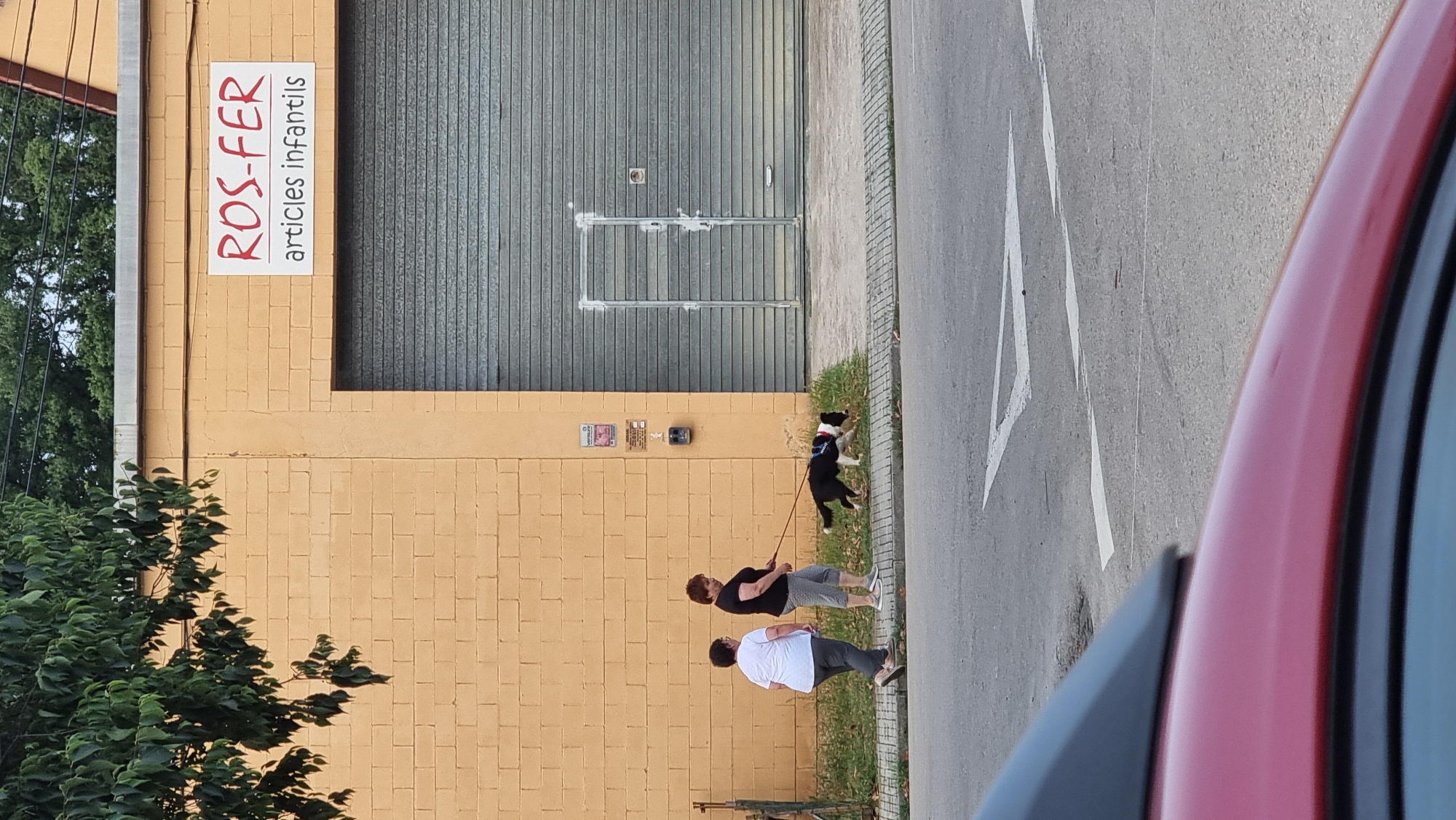 Two women walk a black and white dog on a leash along a sidewalk in front of a yellow brick building. The building has a large grey roll-up door and a sign that reads "ROS-FER articles infantils". The scene is located on a street in Sant Joan Les Fonts, Spain. The foreground of the image shows the hood of a red car.