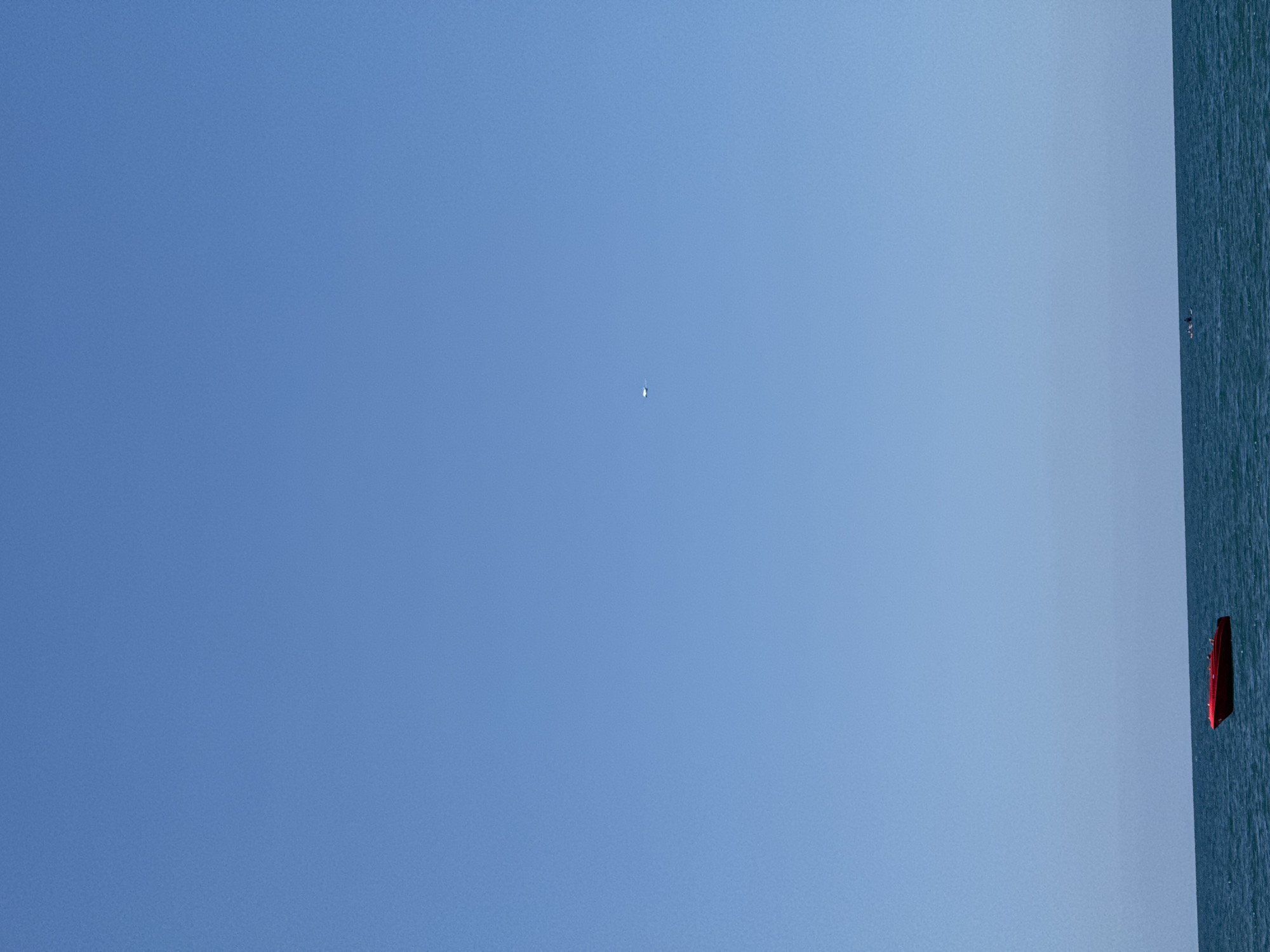 A bright, clear blue sky dominates the upper two-thirds of the image. In the far distance, a small, white object, possibly an aircraft or a cloud formation, is visible in the sky. The lower third of the image depicts the deep blue sea, with gentle waves. A vibrant red speedboat is positioned in the foreground on the left side of the frame, its bow pointing slightly to the right. To the right of the speedboat, a much smaller, lighter-colored object, possibly another boat or a buoy, is barely visible on the water. The horizon line is sharp and defined, separating the sky from the sea. The scene appears to be set in an open body of water, likely the sea, and given the presence of a speedboat and clear skies, it suggests a recreational setting. The image lacks any architectural elements or specific landmarks that would definitively place it within the city of Sochi, Russia, beyond the general context of a coastal area.