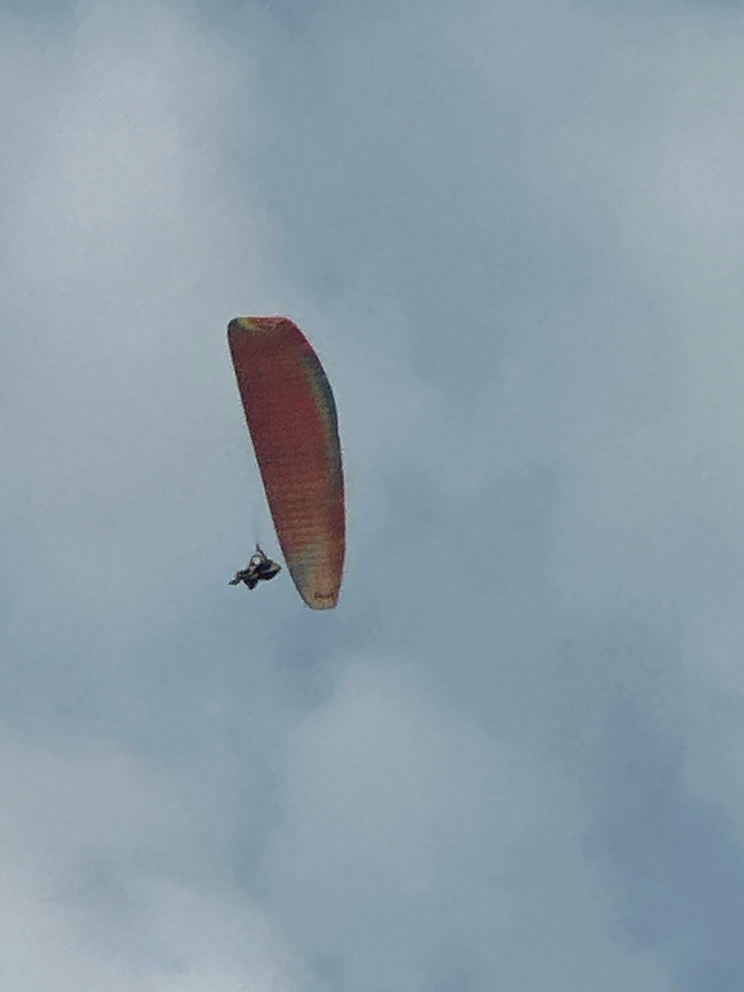A paraglider is captured in mid-flight against a cloudy sky. The paraglider, predominantly red with some yellow and blue accents, is suspended above a person who is seated in a harness. The paraglider is positioned vertically in the frame, with the person below it, suggesting they are descending or actively maneuvering. The environment is an overcast sky, with diffused light. There are no discernible landmarks or urban elements visible, so the location in Boreti, Montenegro cannot be determined from the image alone. The focus is solely on the paragliding activity.
