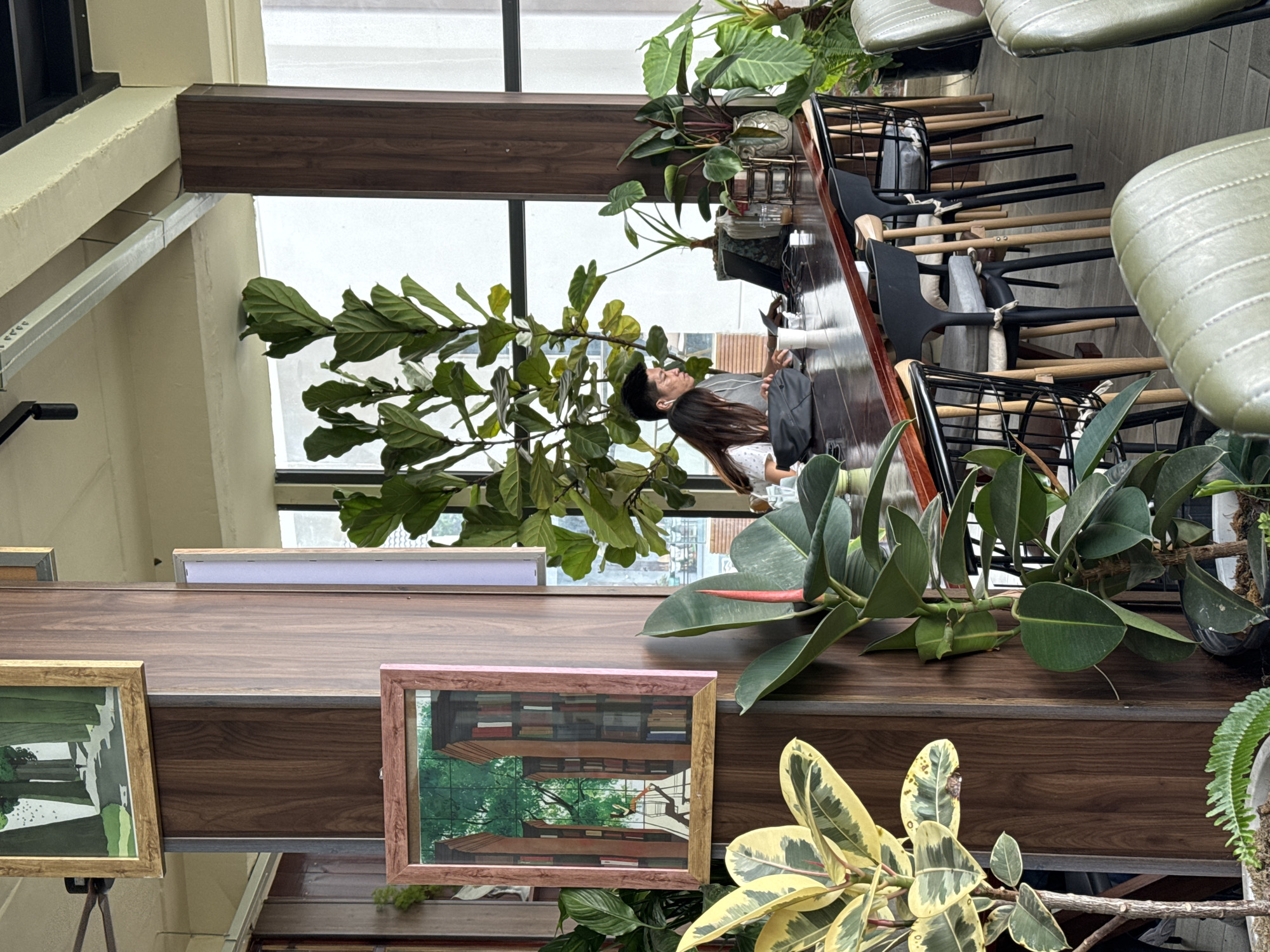 The image depicts the interior of a cafe in Da Lat, Vietnam. A long, dark wooden table is occupied by a man and a woman who appear to be working on a laptop. The man is wearing a grey t-shirt and the woman has long dark hair and is wearing a white top. Several potted plants, including a large fiddle-leaf fig, are strategically placed around the cafe, adding a natural element to the modern decor. The cafe features a mix of wood and metal furniture, with black wire-frame chairs and plush green seats visible. Artwork hangs on the wooden paneled walls, adding a touch of artistic flair. Large windows allow natural light to illuminate the space, providing a view of the city outside.