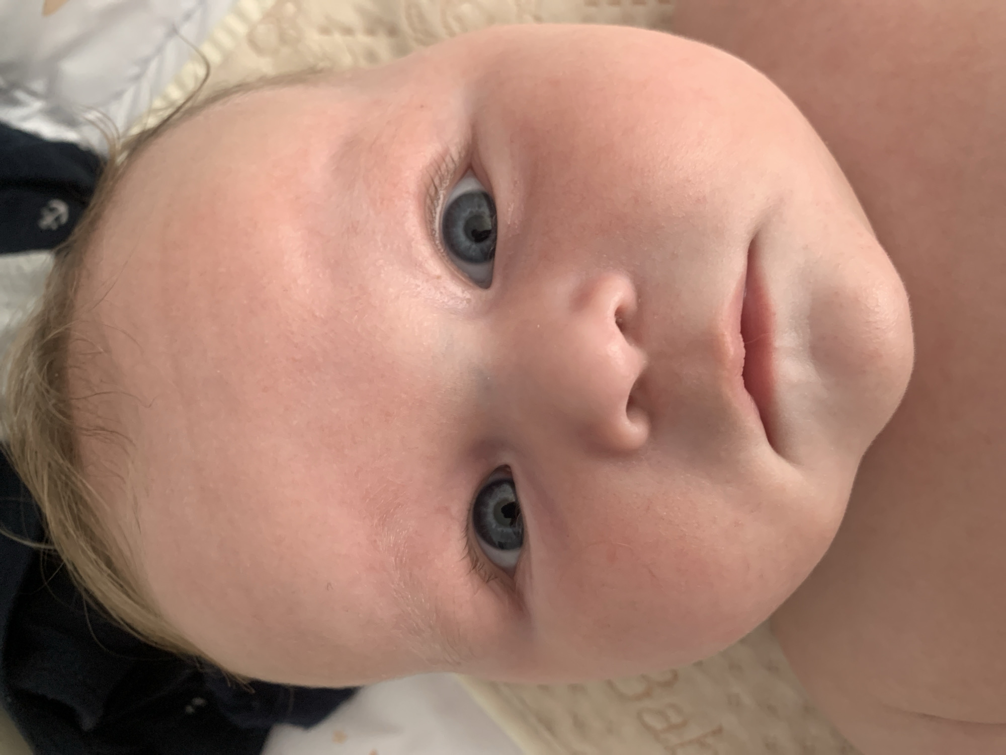 This is a close-up, eye-level, vertical shot of a baby's face. The baby is lying down, and the camera is positioned above and to the side of the baby's head, tilted to capture the child's features. The baby has fair skin, light blonde hair, and striking blue eyes. The lighting is soft and appears to be natural daylight, suggesting it could be daytime. The background is out of focus, showing a textured blanket with a subtle pattern. There are some hints of dark fabric in the upper left corner of the image. The baby's expression is neutral, with slightly pursed lips. The focus is sharp on the baby's eyes, nose, and mouth, highlighting the smooth texture of the skin. There are no discernible location cues beyond what's implied by the context of a home environment. No text is visible in the image.