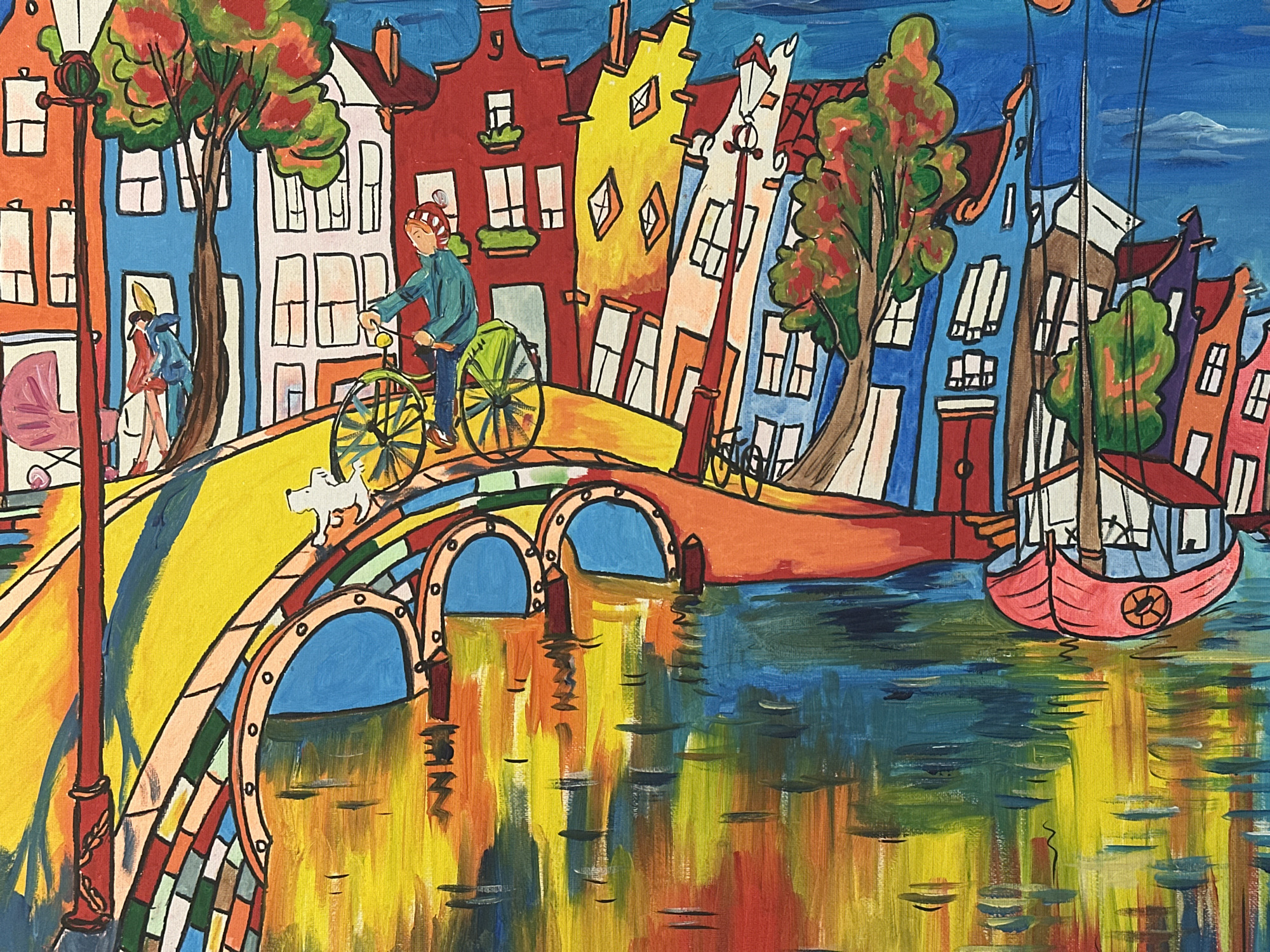 This vibrant, folk-art style painting depicts a lively canal scene in Ossenzijl, Netherlands. The foreground features a brightly colored bridge spanning a blue canal. The bridge is painted in shades of yellow, orange, and green, with arched openings revealing the water below. Reflections of the colorful buildings and bridge are visible on the water's surface.
On the bridge, a person on a bicycle, dressed in a blue jacket and a red and white striped hat, is a central subject. To the left, another figure, possibly an adult, pushes a pink baby carriage. A small white dog stands on the bridge, looking towards the right. In the background, a row of distinctively Dutch canal houses rises, painted in bold hues of red, yellow, blue, and white. These buildings have tall, narrow facades and varied window styles.
A small pink boat with a white sail is moored in the canal to the right, adding to the picturesque setting. Trees with red and green foliage are strategically placed, adding depth and color to the scene. The overall impression is one of a sunny, bustling day, likely in spring or summer, given the vibrant colors and foliage. The art style is characterized by thick outlines, flat colors, and a slightly distorted perspective, creating a whimsical and charming atmosphere. There is no visible text in the image.