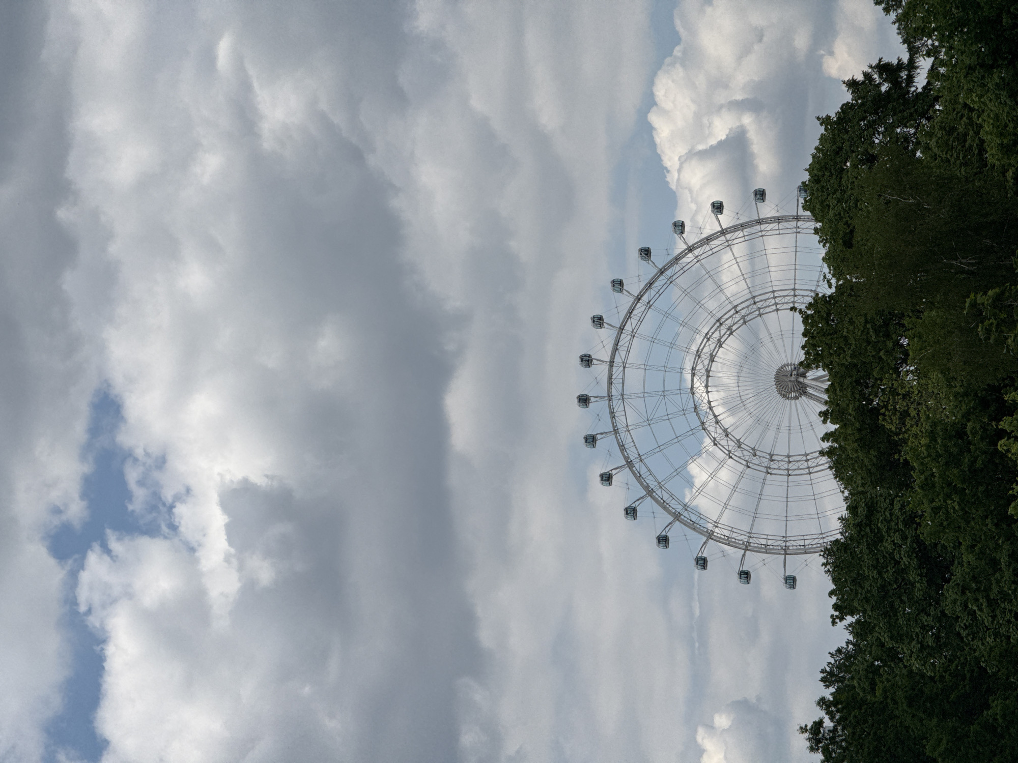 A Ferris wheel rises against a cloudy sky, partially obscured by trees. It is located at VDNKh, in Moscow, Russia.