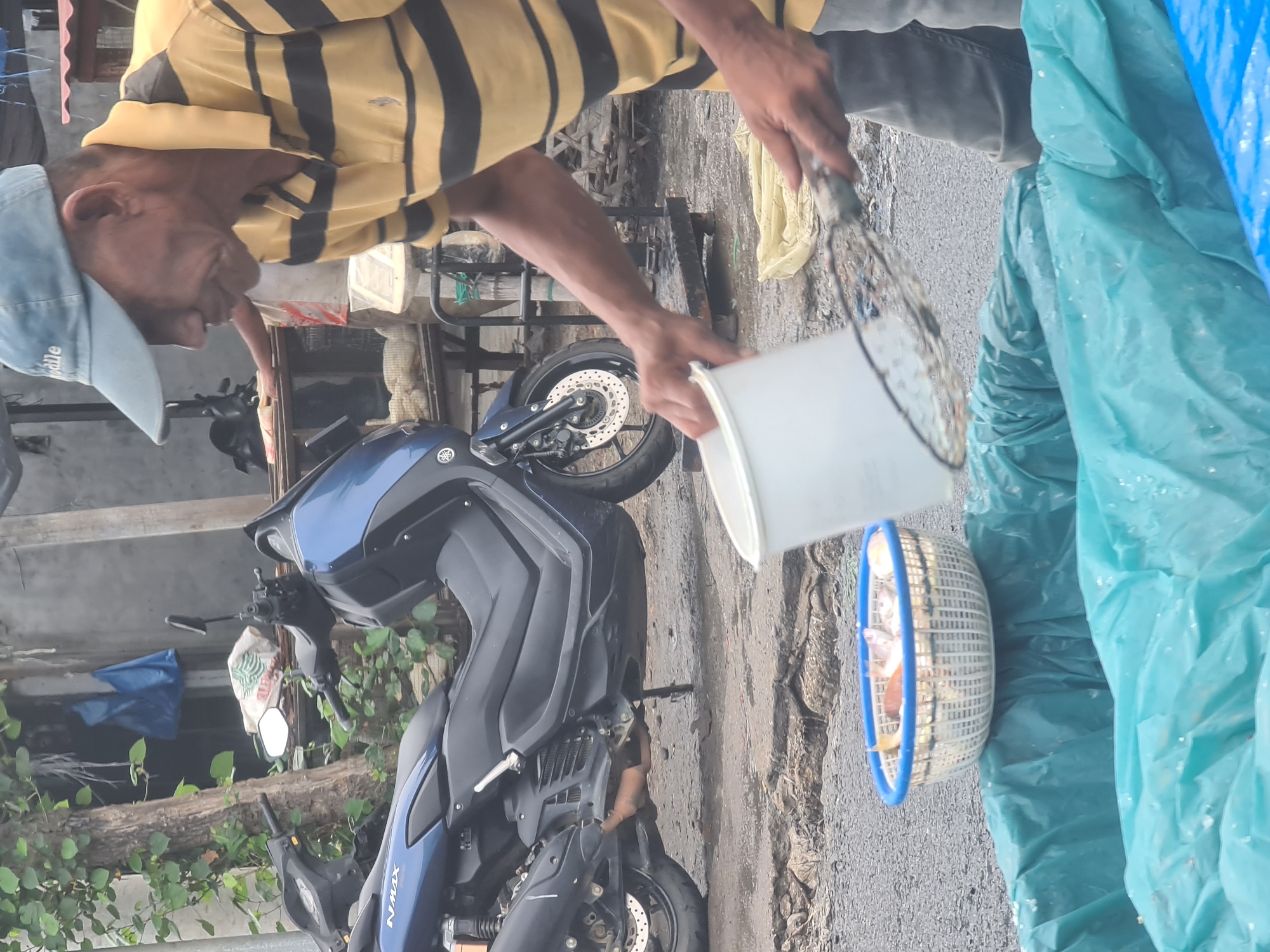 A man in Lhokseumawe, Indonesia, wearing a yellow and black striped shirt and a light blue baseball cap, pours liquid from a white bucket into a fish basket. He holds a net in his other hand. Beside him is a blue motorcycle. A blue and green plastic tarp is draped over an object.