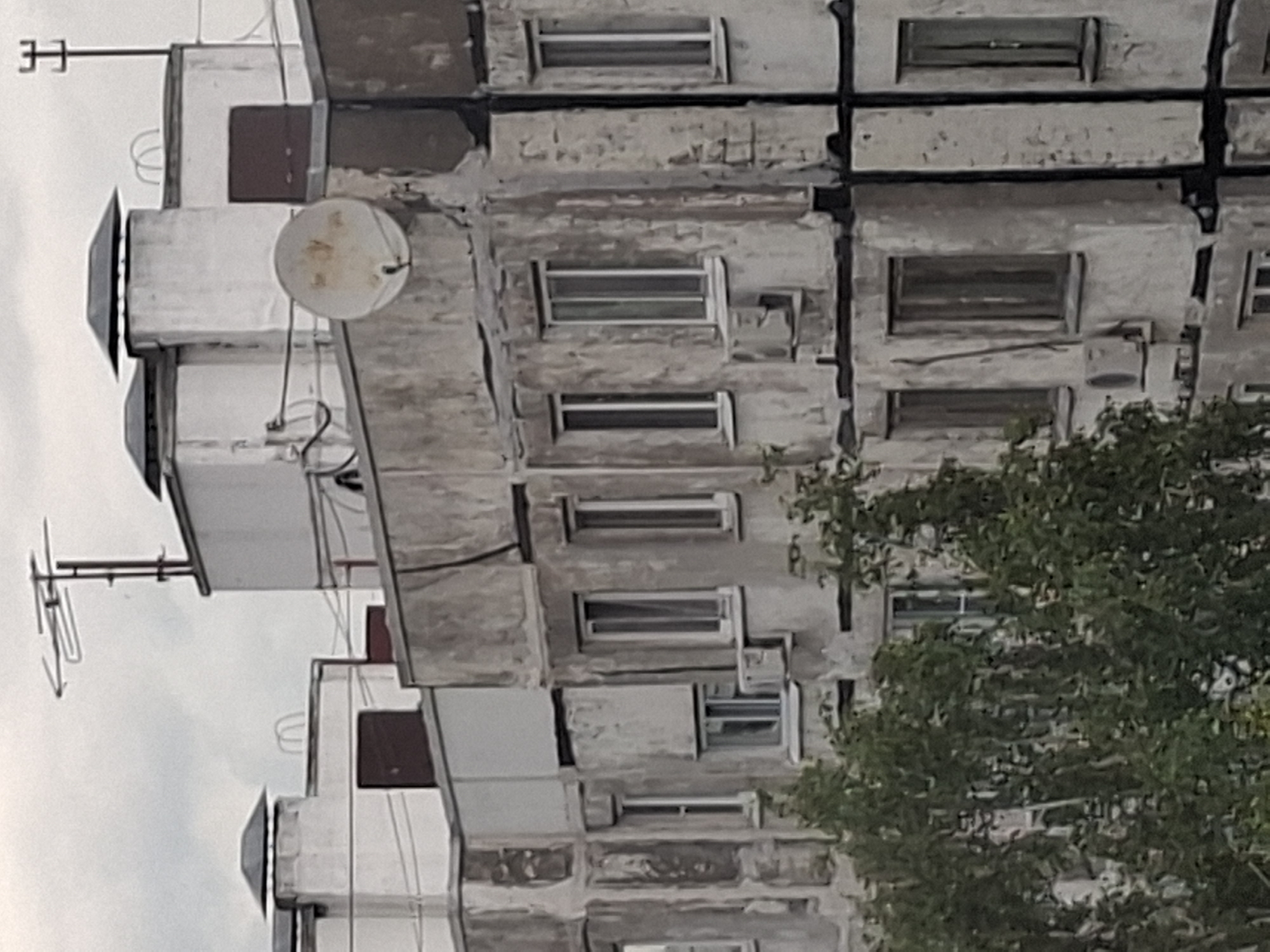 This is a photograph of a Brutalist apartment building, likely in Kazan, Russia, viewed from below at an upward angle. The building's concrete facade is weathered and shows signs of aging, with peeling paint and visible textures. Multiple windows, often horizontally oriented with their blinds down, punctuate the grey structure. Several balconies are present, some with dark brown doors and others enclosed. A satellite dish is mounted on one section of the building, suggesting television reception. An antenna with horizontal elements is visible on the left side of the frame. The sky is overcast and grey, indicating a cloudy day. A dense green tree partially obscures the lower right portion of the building, adding a natural element to the urban scene. The overall impression is one of a utilitarian, densely populated residential area. No people are visible in the image, and no text is legible. The photograph is taken during daylight hours.