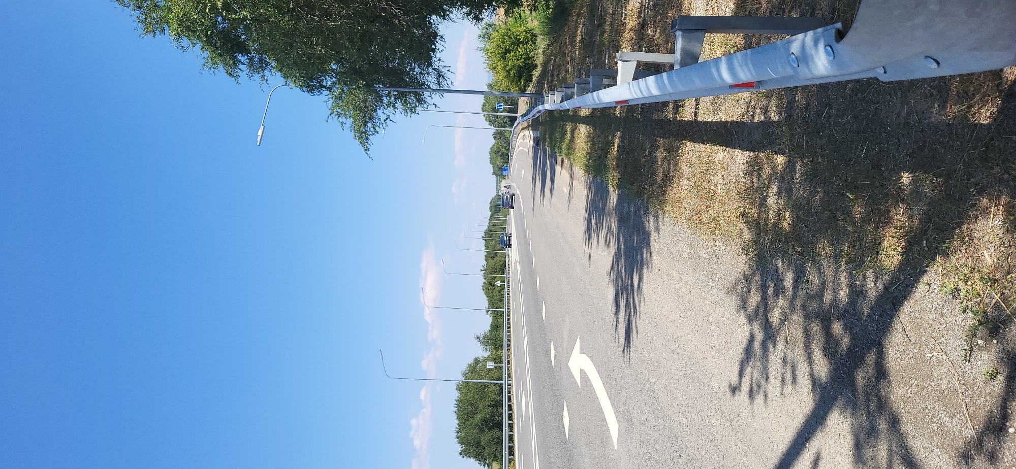 The image depicts a wide, paved highway with multiple lanes under a clear blue sky. On the left side of the road, a large white arrow is painted on the asphalt, indicating a turn. Several vehicles are visible on the highway in the distance. Along the right side of the road, a metal guardrail separates the highway from a grassy area with sparse vegetation and scattered dry grass. Tall, slender streetlights line the highway at regular intervals. The scene is bathed in bright sunlight, casting distinct shadows of tree branches and foliage onto the road and the grassy verge. The environment appears to be a rural or semi-rural setting, typical of a highway bypass. There are no visible people or buildings. The image appears to be taken from a low angle, close to the ground, facing the direction of traffic.