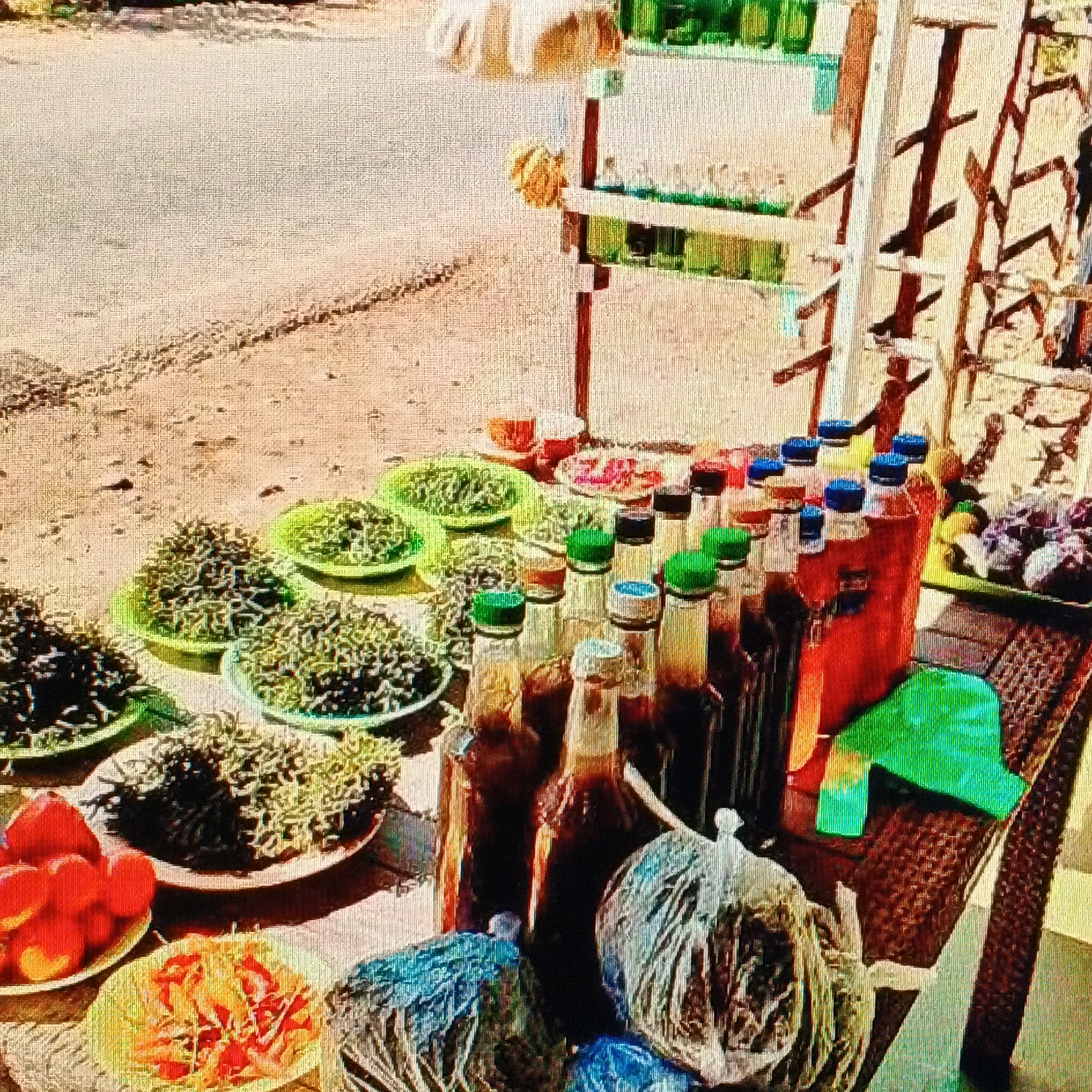 This is a close-up, high-angle, oversaturated, and slightly blurred outdoor photograph of a street-side vendor stall in Ende, Indonesia. The stall displays a variety of goods, including what appear to be fresh produce and bottled liquids, for sale on a dirt or gravel surface.
In the foreground, several light-colored plates are filled with small, dark, dried, and stringy items, possibly small fish or herbs. To the left, a yellow plate holds bright red, round fruits, possibly tomatoes or small apples. Next to it, another yellow plate contains thinly sliced red and white ingredients, resembling a salad or shredded vegetables.
Behind these plates, a collection of glass bottles, some with clear liquid and others with dark liquid, are arranged. Several bottles have colored caps: green, blue, and silver. One prominent bottle on the right contains a dark red liquid.
In the background, a rustic wooden stand with a ladder-like structure holds more bottled drinks. Green and white checkered fabric is visible draped over part of the stand. Further in the background, a dark, textured surface, possibly a woven mat or basket, holds purple-colored items, potentially more produce. The ground appears to be a sandy or gravelly surface. The lighting suggests it is daytime, possibly a sunny day given the brightness and some shadows. No people are clearly visible in the frame. The overall impression is of a small, informal market stall.