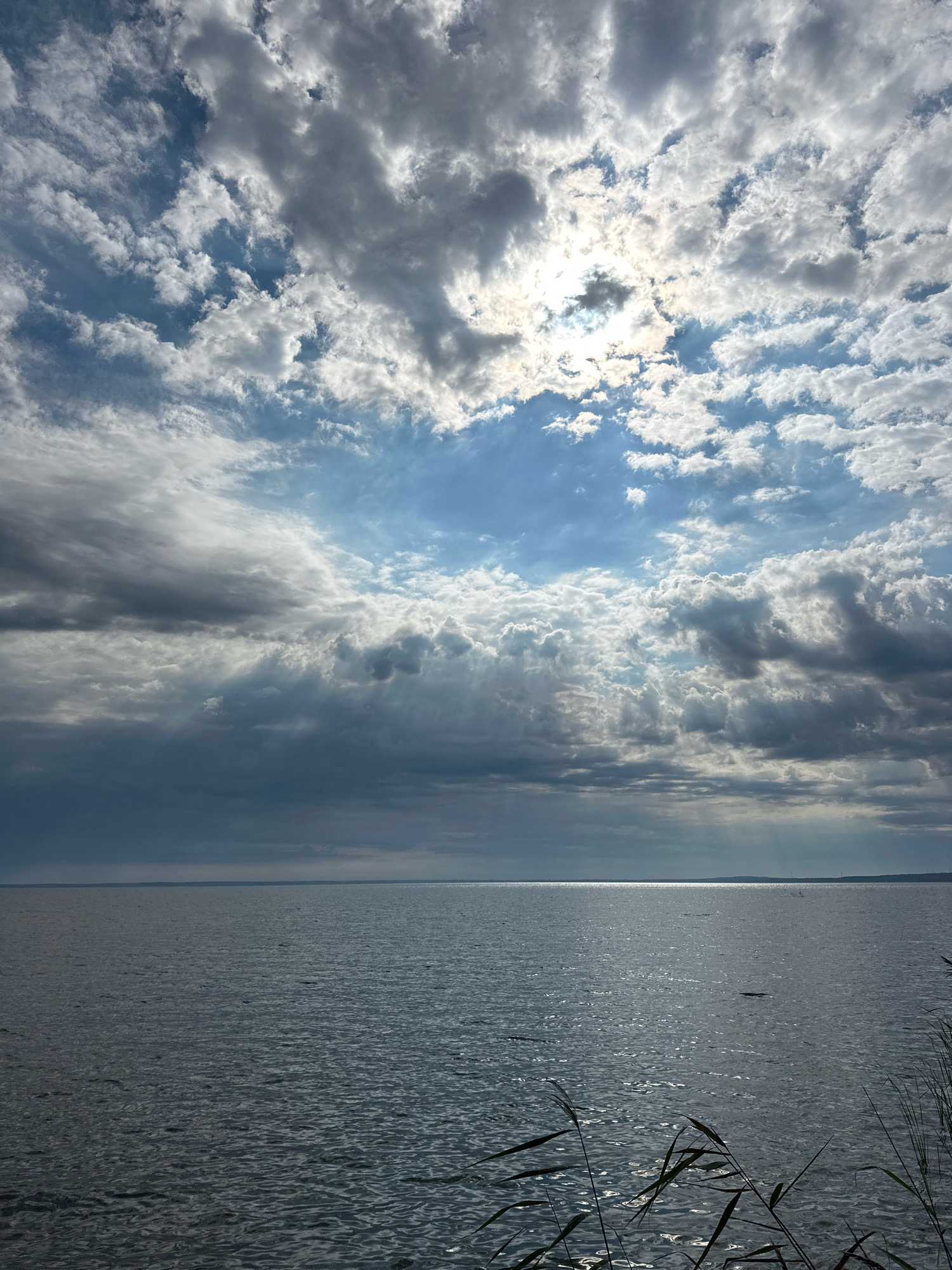 The image depicts a serene natural landscape on a cloudy day, featuring a vast expanse of calm water meeting the horizon under a dramatic sky. The water is a deep, tranquil blue, reflecting the diffused sunlight filtering through the thick clouds. The clouds themselves are a mix of dark, ominous grey masses and lighter, wispy formations, creating a dynamic and textured sky. The sun is partially obscured by these clouds, casting a bright sheen on the water's surface, with subtle rays of light piercing through the cloud cover. In the foreground, tall, thin reeds or grasses sway gently, adding a touch of organic texture to the scene and hinting at the shoreline. The overall impression is one of natural beauty and peacefulness. The location is in the Нарацкі сельскі Савет, Belarus, a region known for its natural landscapes and numerous lakes. There are no people or discernible man-made structures visible in the image. The scene is devoid of any specific action, focusing solely on the atmospheric conditions and the tranquil environment.