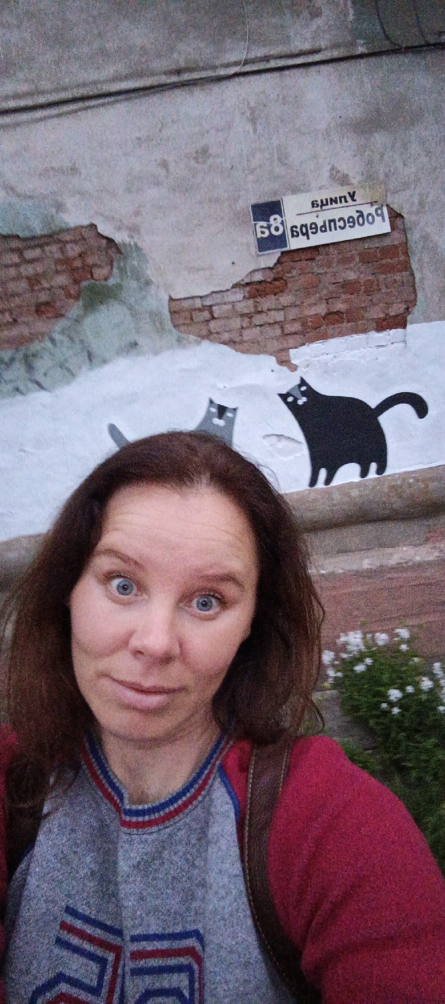 In Votkinsk, Russia, a woman with brown hair and blue eyes takes a selfie in front of a mural. The mural depicts two cartoonish cats, one grey and one black, against a backdrop of peeling plaster and brickwork. Above the mural, a street sign is visible with Cyrillic text. The woman is wearing a grey sweater with red and blue accents and a red jacket.