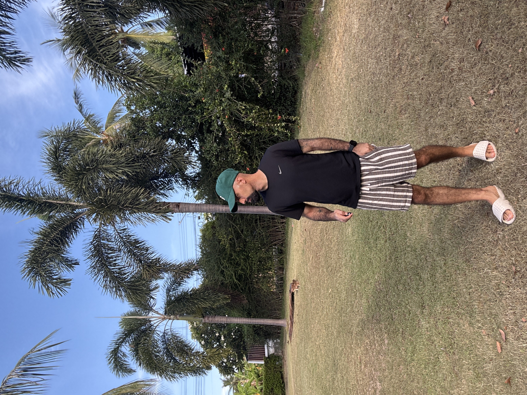 A man is standing in a grassy yard with palm trees in the background. He is wearing a black t-shirt, striped shorts, and white sandals. The man is looking to the left. The sky is blue with some clouds. There is a wooden log on the ground behind the man. The scene appears to be outdoors, possibly in a tropical location like Ko Samui District, Thailand.