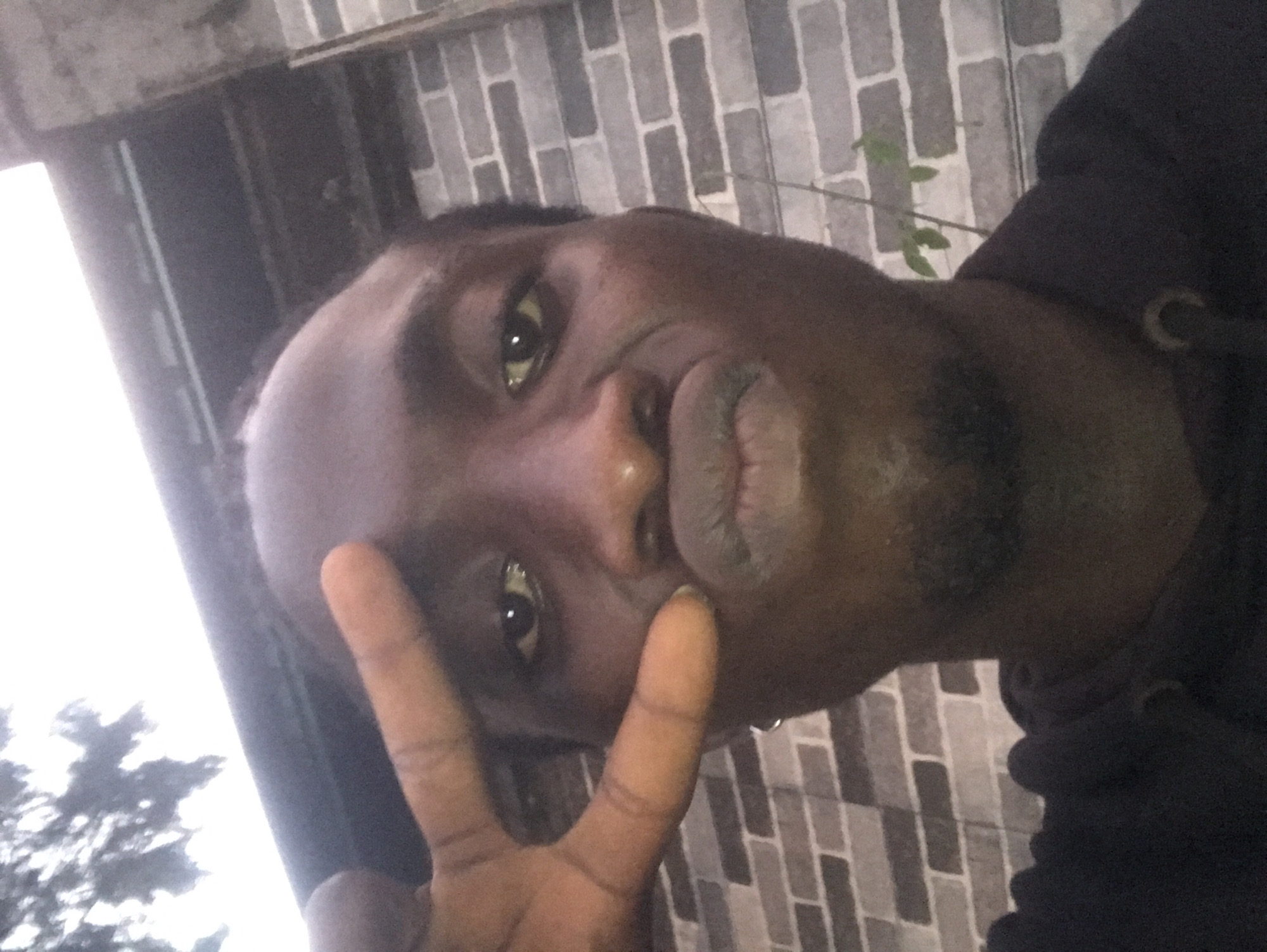A close-up, direct-view selfie captures an adult male of dark complexion, centered in the frame. He has short, dark hair and a sparse beard on his chin. His lips are pursed in a slight pout, and his dark eyes are focused directly on the camera. His left hand is raised to the level of his left eye, forming a "peace sign" with his index and middle fingers extended, partially obscuring the left side of his face. He is wearing a dark hooded sweatshirt; a metal-rimmed drawstring eyelet is visible on the garment at the lower right.
The background consists of an exterior setting. A grey brick wall, with horizontal courses and light-colored mortar, is visible behind him, extending across the lower left and right portions of the frame. A thin green vine with small leaves grows against the brick wall on the right side. Above the individual's head, a dark, horizontal architectural element, likely an eave or a portion of a roof, stretches across the upper-middle of the image. Above this structure and in the upper-left quadrant, a bright, overcast sky is visible, with dark silhouettes of tree branches and foliage against it. The overall scene appears to be outdoors in a generic urban or suburban environment, with no specific identifying city or location details provided.