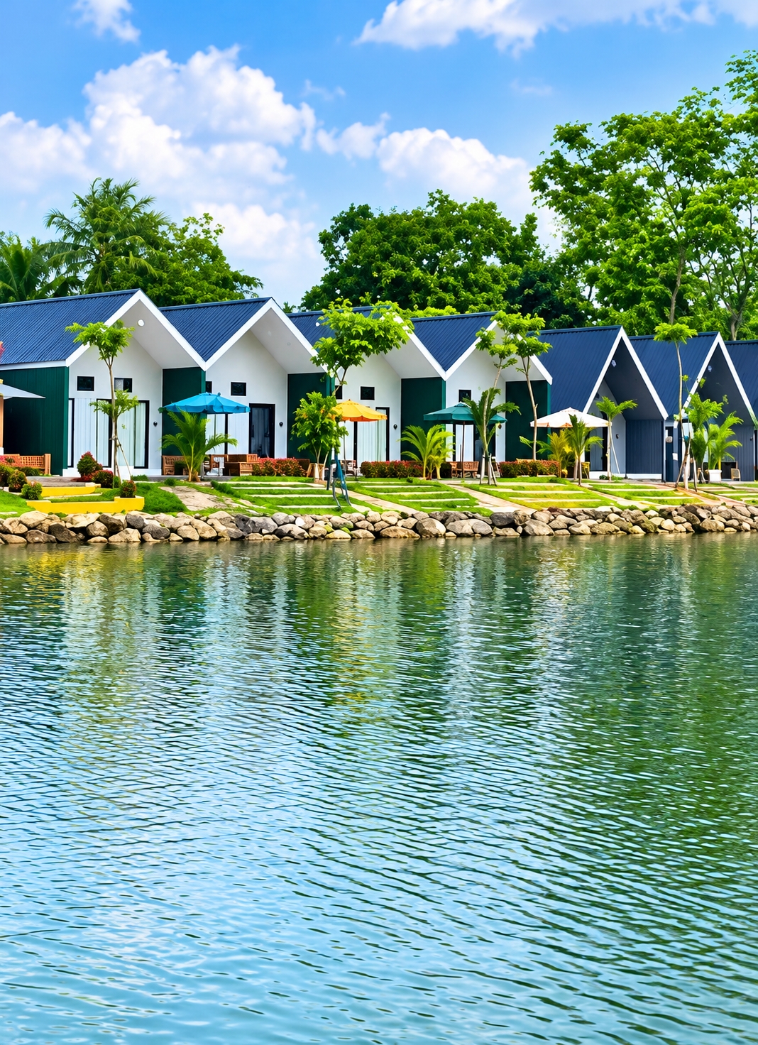This image shows a row of modern, detached houses with dark blue pitched roofs and white and green facades, situated along a calm body of water. The houses are elevated on stilts with small green lawns and landscaping in front, including palm trees and ornamental bushes. Outdoor seating areas with umbrellas are visible in front of some of the houses, suggesting a resort or residential complex. The water in the foreground has a textured surface with ripples reflecting the surrounding greenery and the blue sky with white clouds. The background is filled with lush green trees, indicating a natural or semi-natural environment. The image appears to be taken during daylight. The location provided, Eampat Kwalamencirim, Indonesia, is not a recognized city or location, and therefore, specific details about it cannot be included in the description.