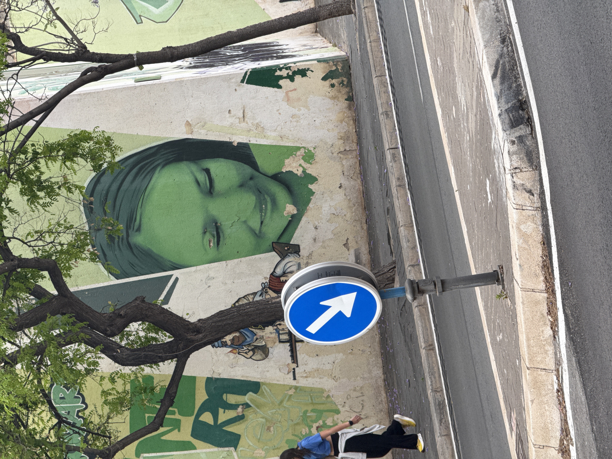 The image depicts a street scene in an unknown location. A mural of a woman's face covers a weathered wall next to a street. A tree with green leaves partially obscures the mural. A blue circular traffic sign with a white arrow pointing to the right is mounted on a pole next to the wall. A person wearing a blue shirt and black pants lies on the ground near the base of the wall. The street is asphalt and bordered by a concrete curb.
