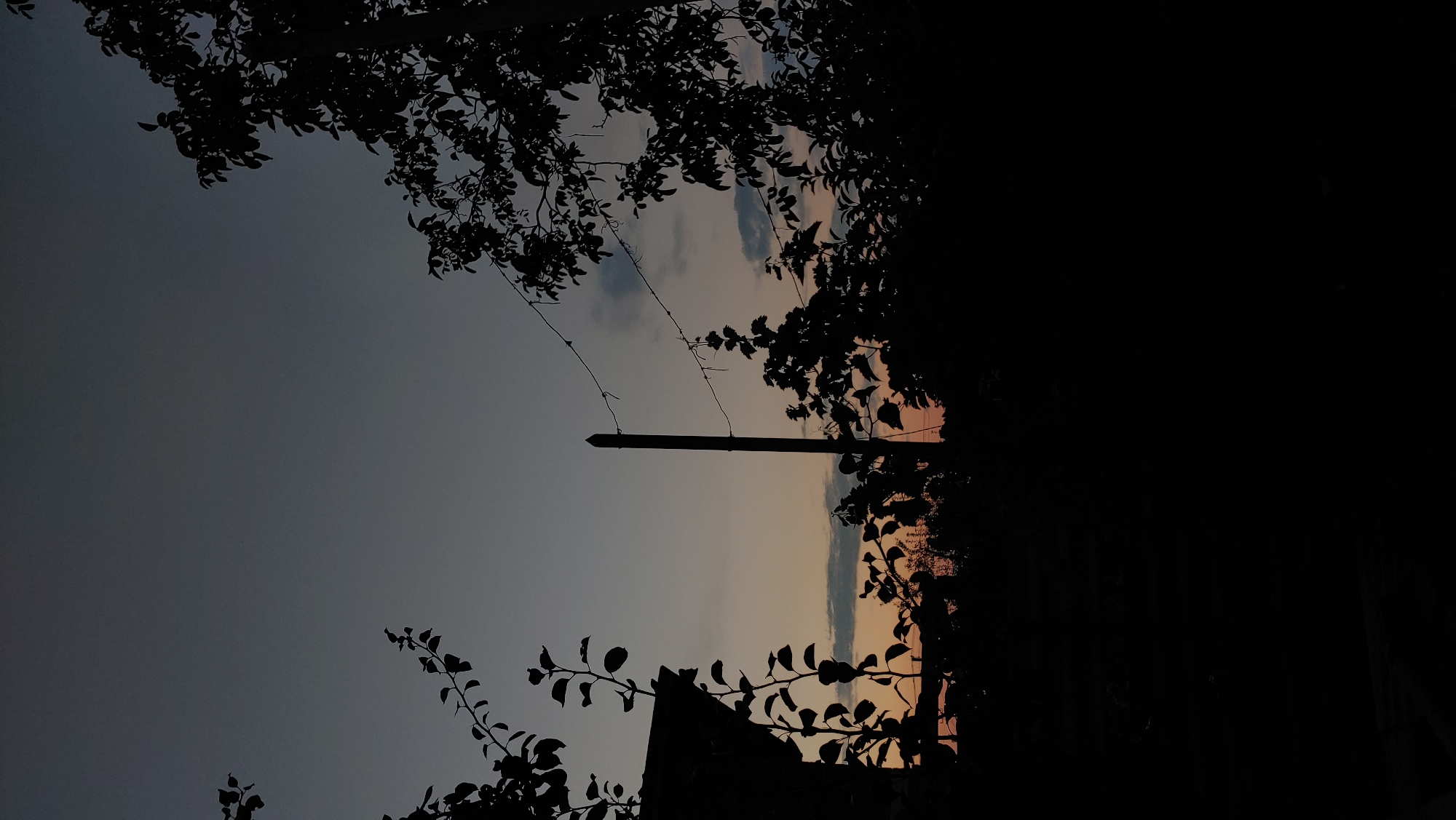 The image depicts a silhouetted view of trees and a utility pole against a dusky sky. The sky transitions from a pale orange near the horizon to a deep gray overhead, with faint clouds visible. In the foreground, the dark silhouettes of foliage frame the scene. A wooden post stands centrally, with wires strung between it and unseen points. A portion of a building's roof is visible on the left edge. The scene appears to be an outdoor, possibly rural or suburban, environment at dusk. There is no indication of the specific location within Mukachevo, Ukraine.