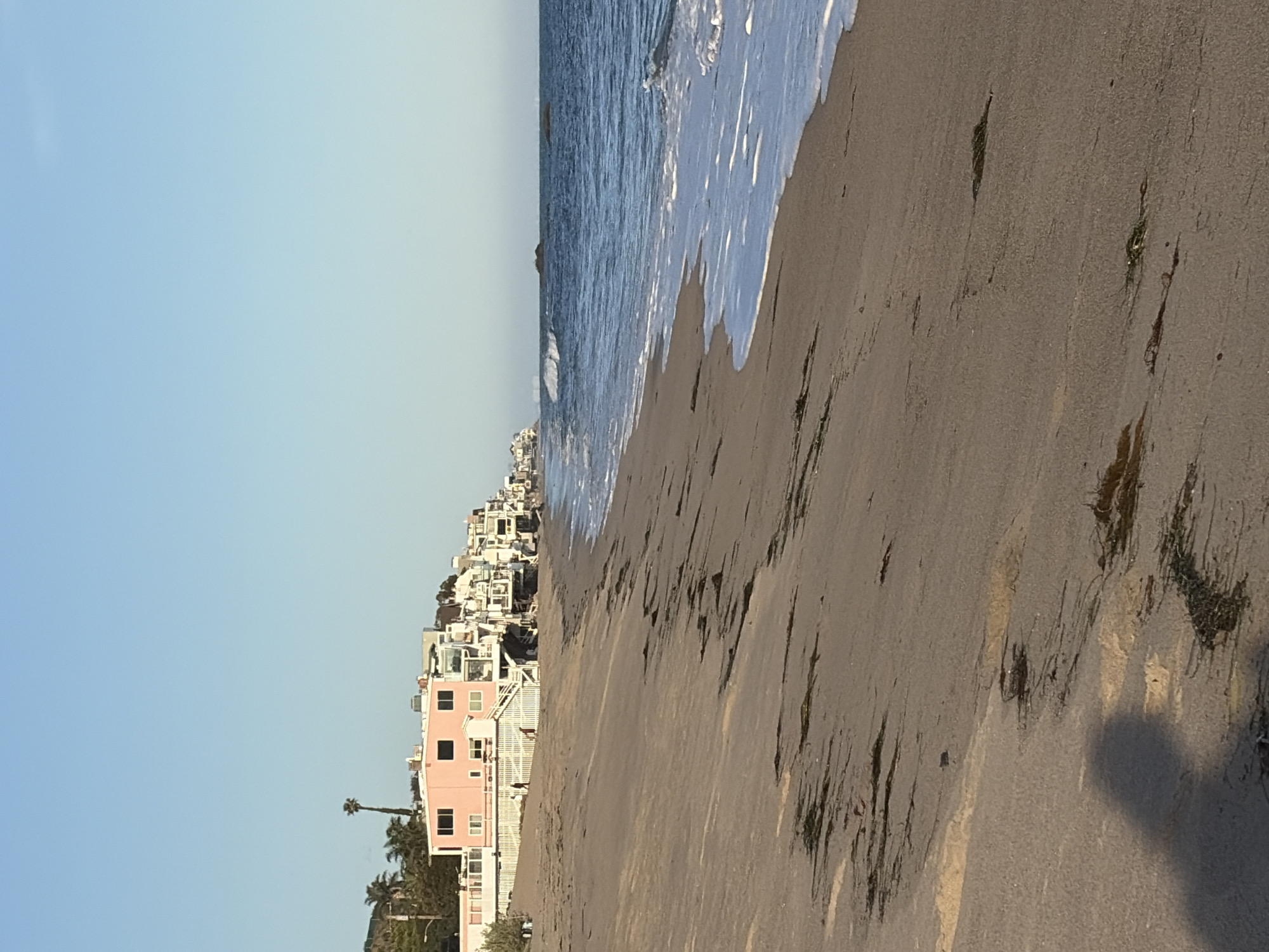 The scene is a beach in Malibu, California, United States of America, oriented with the sky and a section of the Pacific Ocean visible on the left and the beach foreground on the right. The beach sand is a mix of dry and wet areas, showing patterns created by receding waves. Seaweed and debris are scattered across the sand. Buildings and residences stand along the coast, including a prominent pink building. A palm tree is among the foliage near the structures. The tide is approaching the shore, creating white foam where the waves meet the sand. A shadow is cast in the lower right of the image.