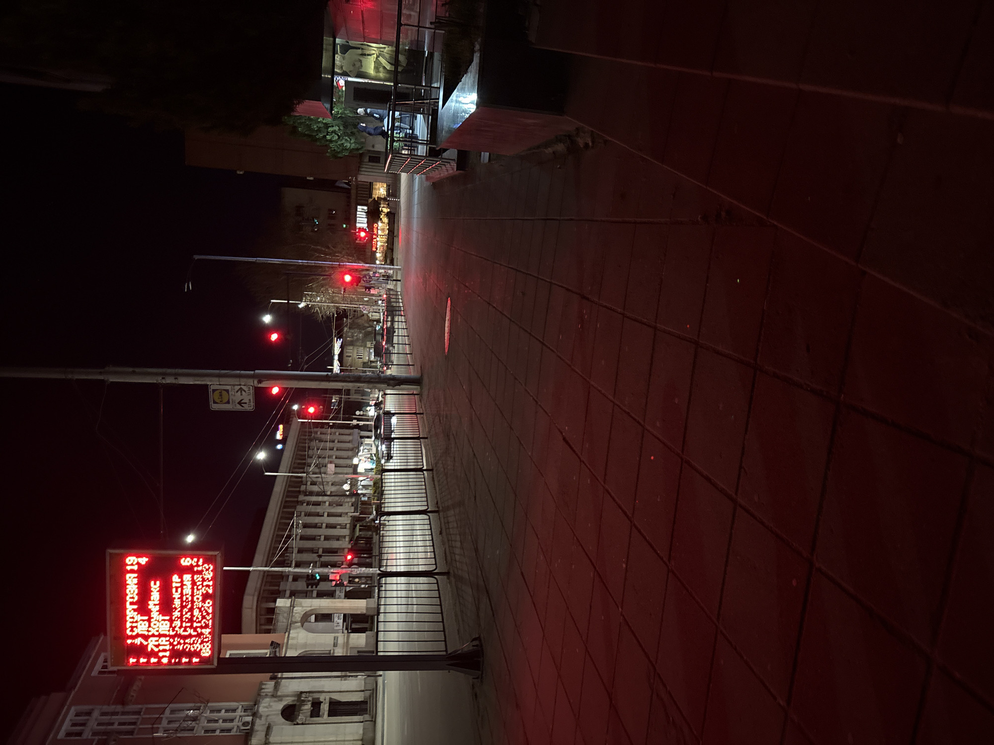 The image depicts an urban night scene on a sidewalk in Pleven, Bulgaria. The sidewalk is composed of reddish-brown rectangular paving stones. A black metal railing runs parallel to the sidewalk. On the left side of the image is a red LED sign displaying Cyrillic text. Traffic lights are visible in the distance, with a red light indicating "stop." The street is lined with buildings, with street lights illuminating the scene. A signpost indicates directions and distances in kilometers.