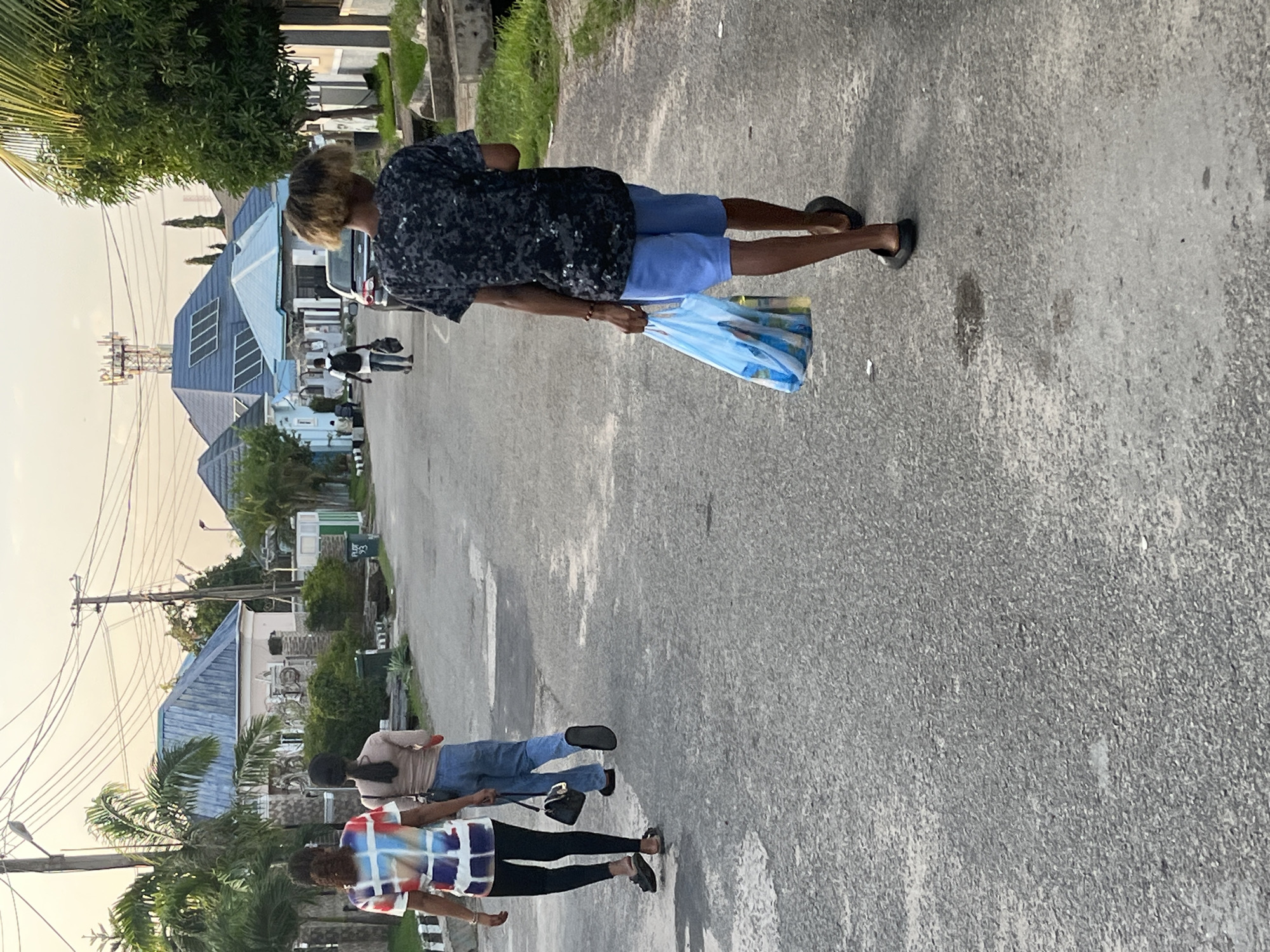 The image shows a street scene, likely in a residential area, in Abuja, Nigeria. Three individuals are visible on the left side of the road. A man in a patterned black shirt, blue shorts, and black sandals is walking away from the camera, carrying a blue plastic bag. Two other people are walking towards the camera, the one closer to the camera is wearing a plaid shirt and black pants. The second one is wearing a tan top and jeans. Both have black sandals. The road is asphalt. Houses with blue roofs and lush vegetation are visible on both sides of the street, along with utility poles and power lines. The sky appears to be overcast.